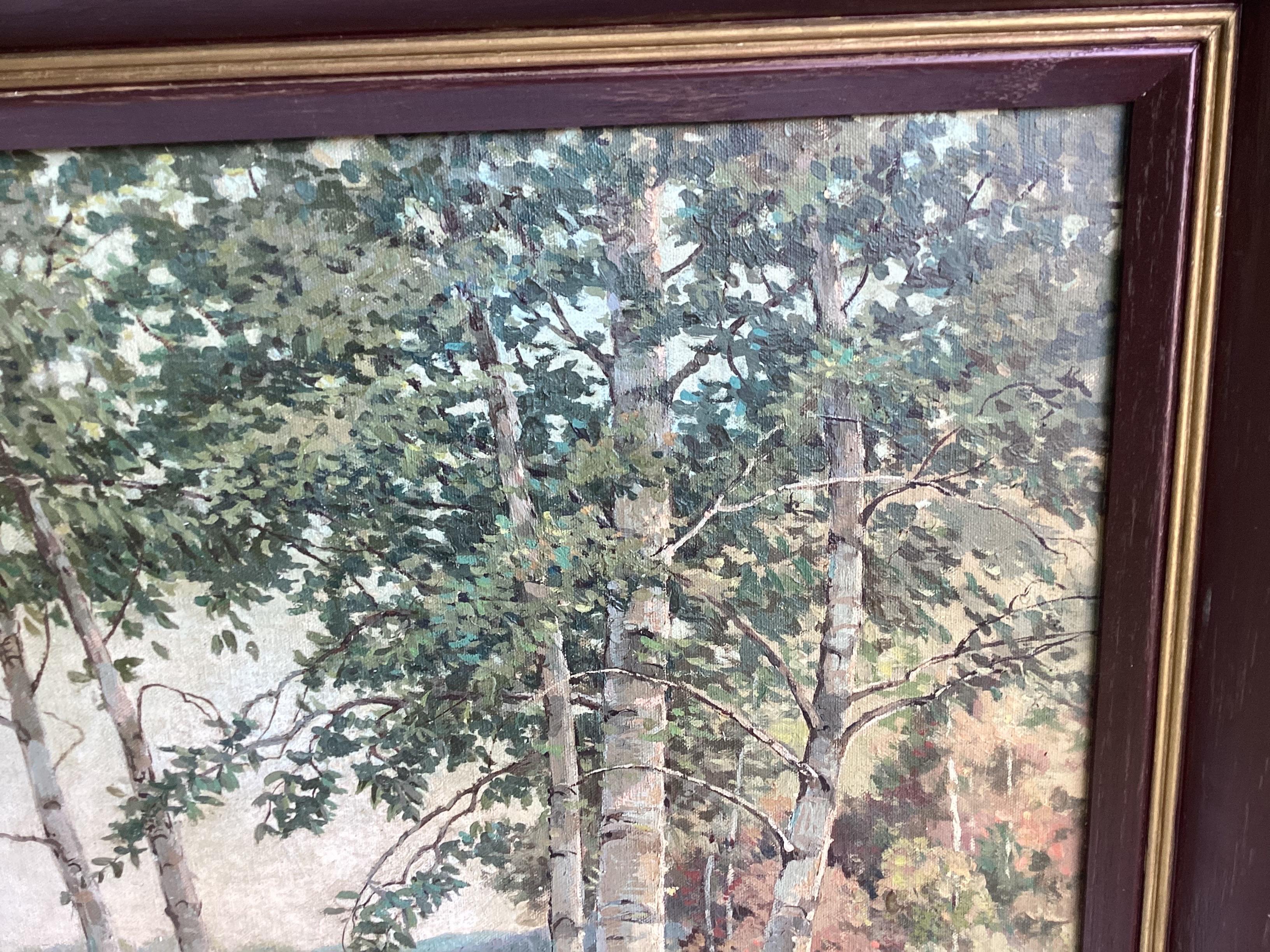 Kanadische Landschaftsgemälde eines Birkenbaums, Öl auf Leinwand, signiert W. Wright, gerahmt im Zustand „Hervorragend“ im Angebot in Lambertville, NJ