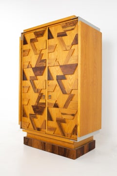 Canadian Brutalist MCM Geometric Oak/Rosewood/Stainless Steel Armoire Highboy