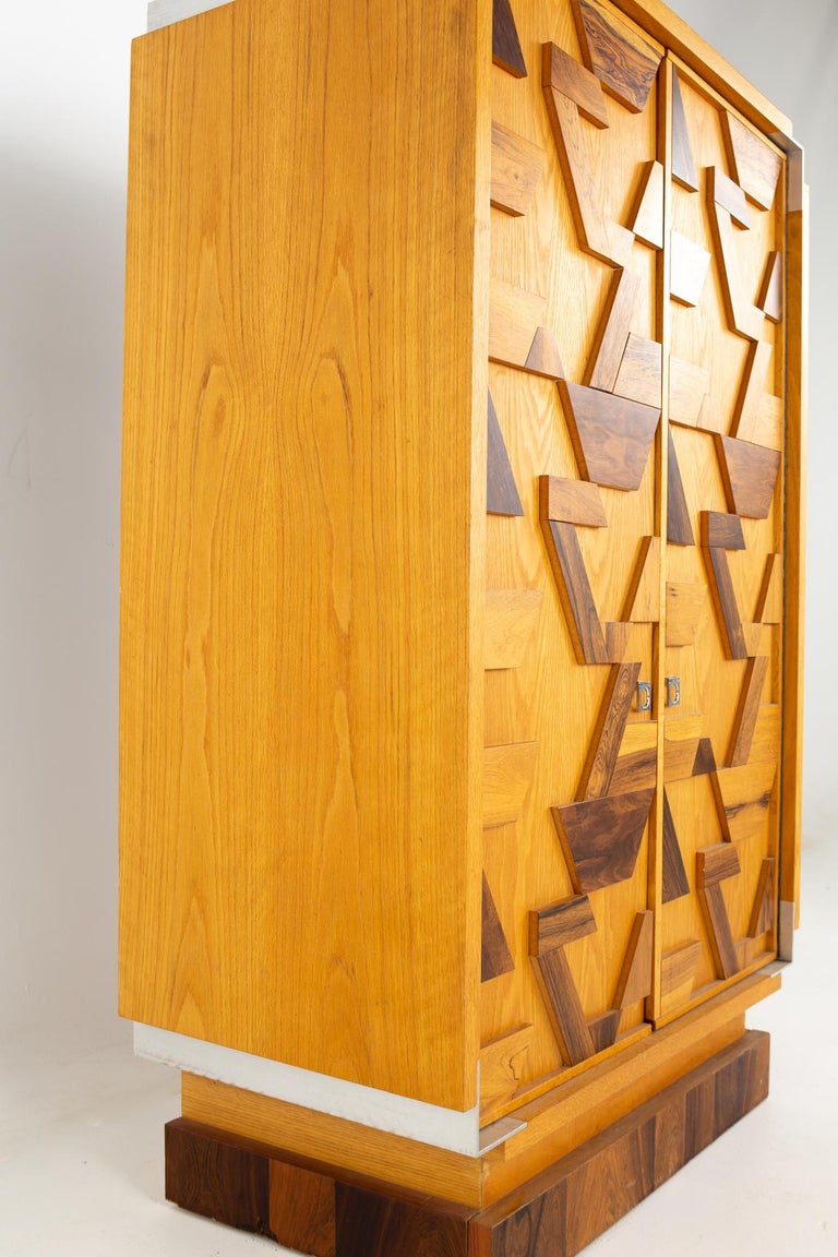 Canadian Brutalist MCM Geometric Oak/Rosewood/Stainless Steel Armoire