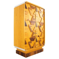 Canadian Brutalist MCM Geometric Oak/Rosewood/Stainless Steel Armoire Highboy