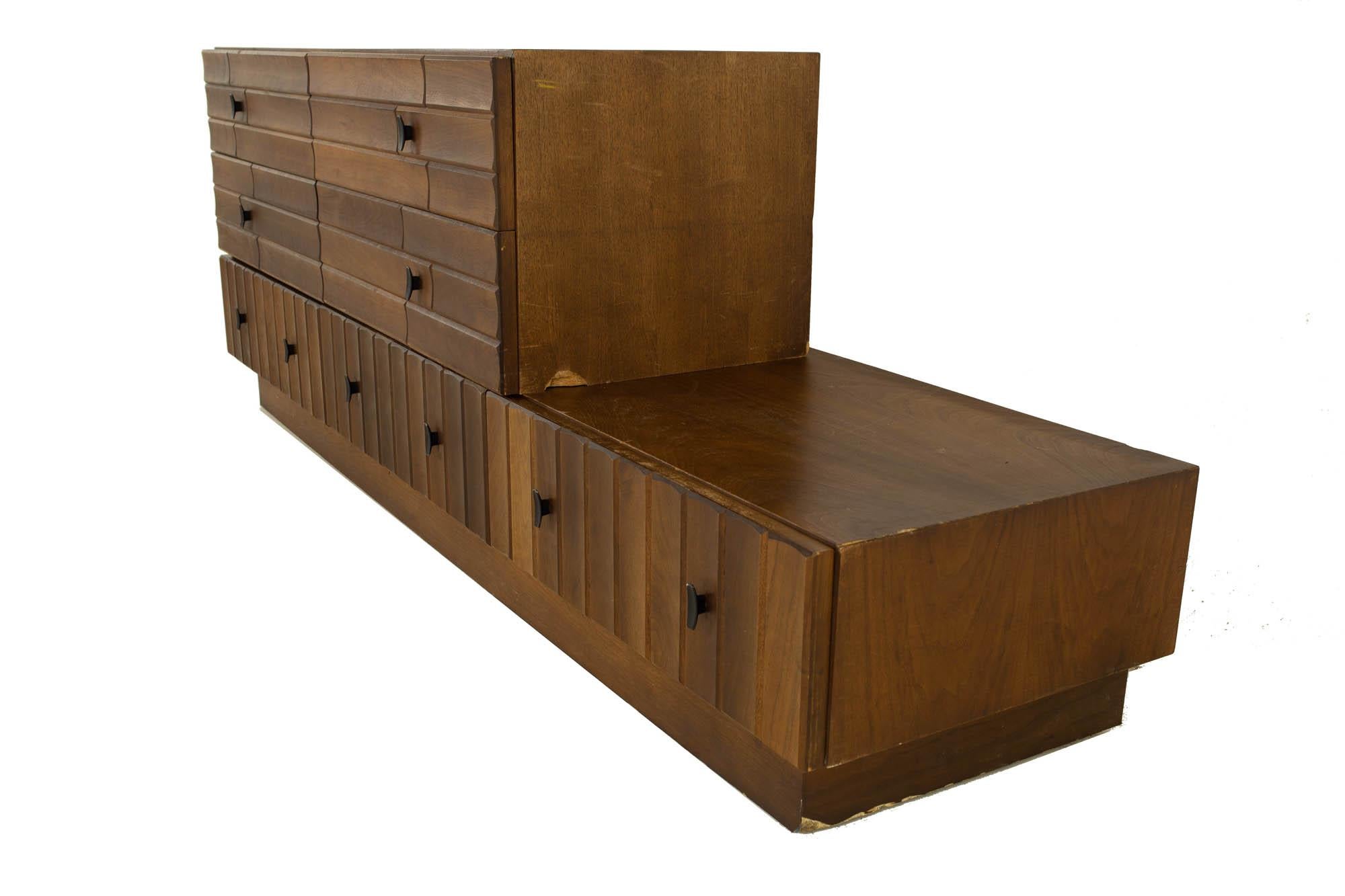 Wood Canadian Brutalist Mid Century Walnut Lowboy Dresser For Sale