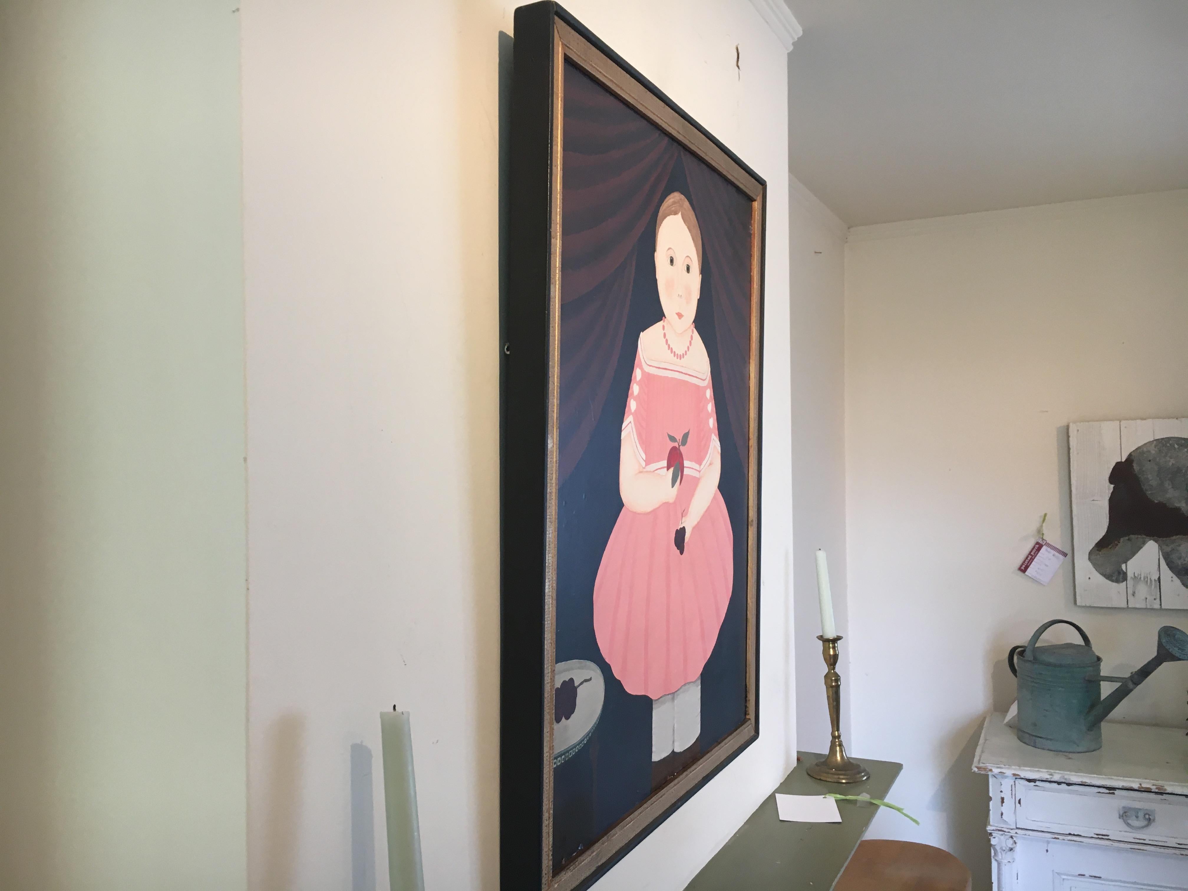 Canadian Folk Art Painting or Lady in Pink In Excellent Condition In Sheffield, MA