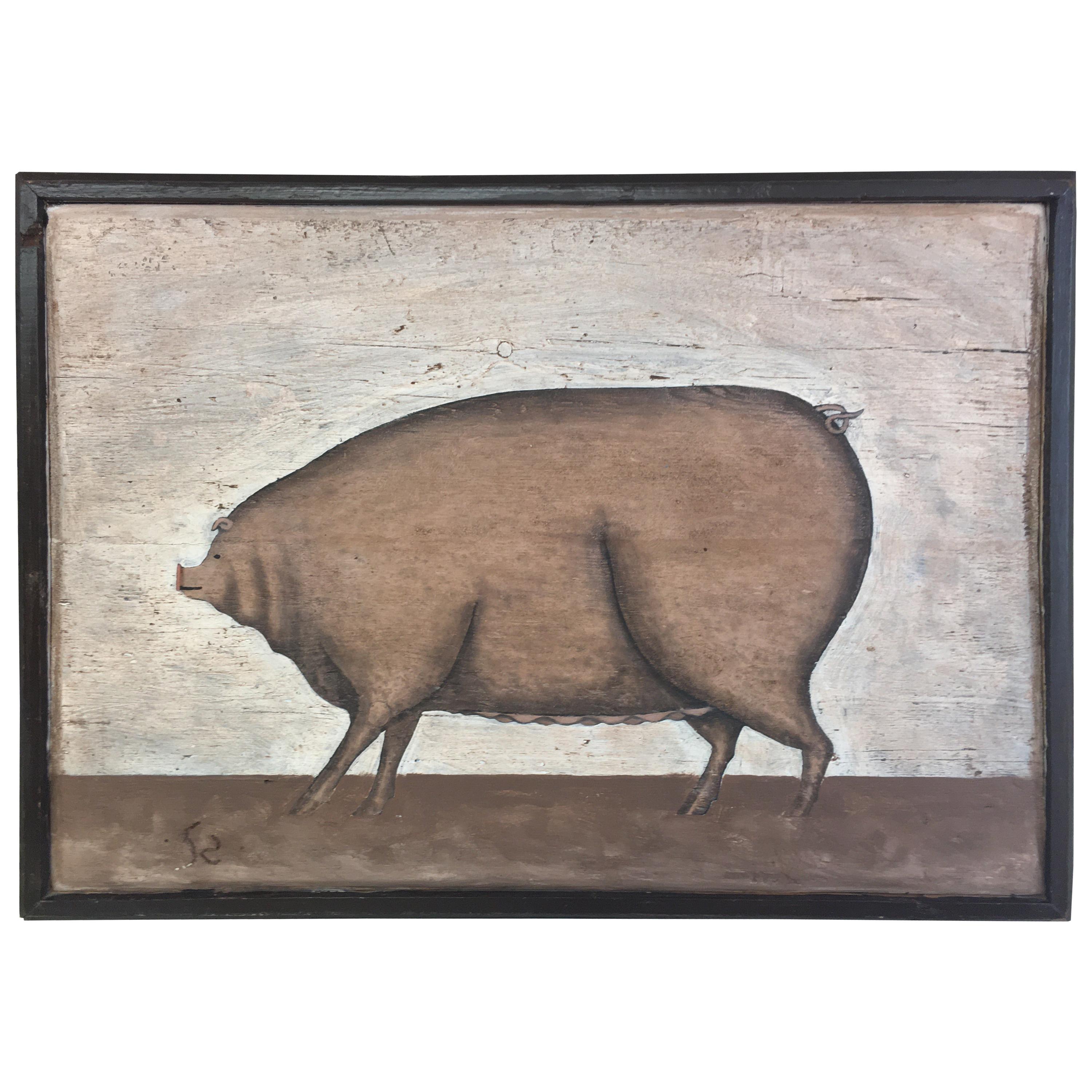 Canadian Folk Art Painting of a Pig, by Maurice Dupras