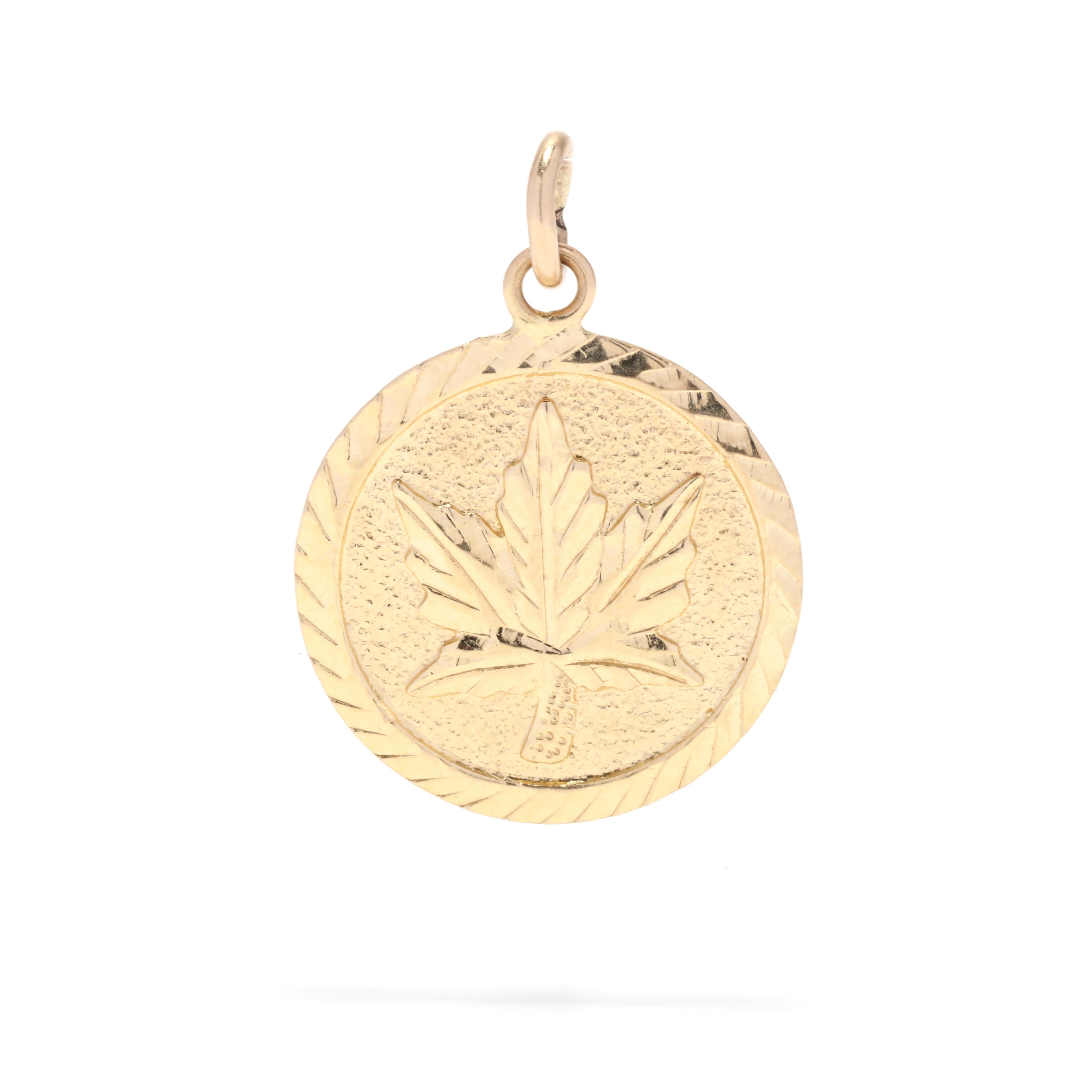 Women's or Men's Canadian Maple Leaf Charm, 14K Gold, Round Medallion Charm, Simple Maple Leaf