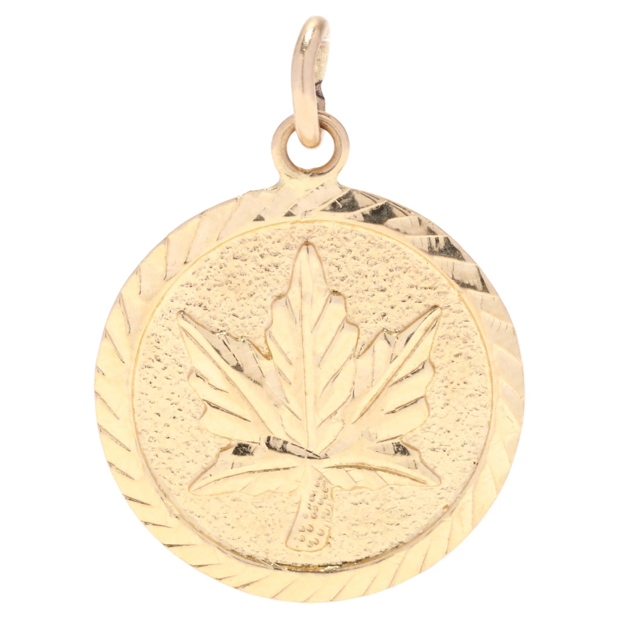 Canadian Maple Leaf Charm, 14K Gold, Round Medallion Charm, Simple Maple Leaf