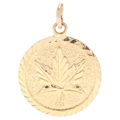 Vintage Canadian Maple Leaf Charm, 14K Gold, Round Medallion Charm, Simple Maple Leaf