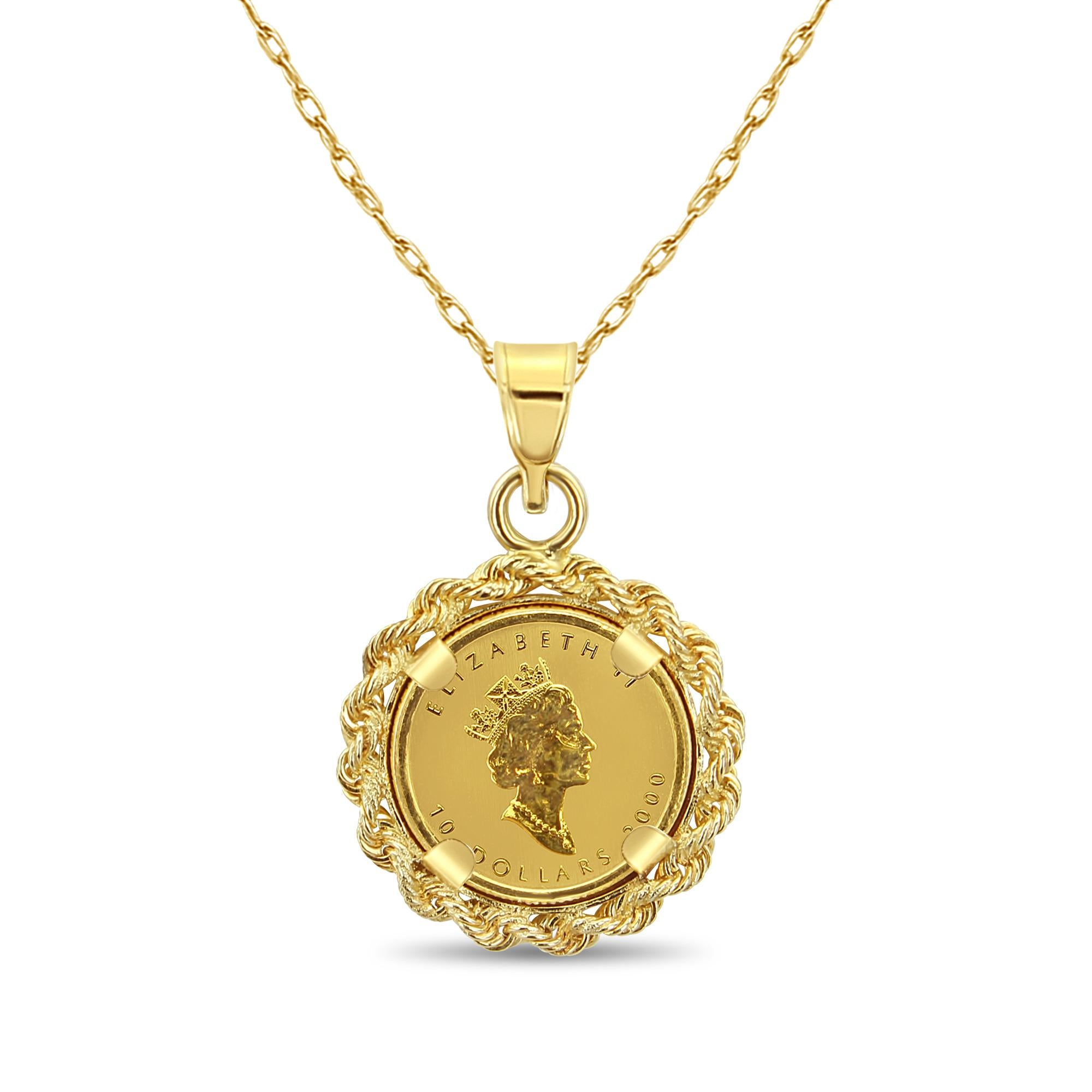 Canadian Maple Leaf Necklace with Rope Bezel 14k Yellow Gold

This exceptional piece captures the essence of Canadian heritage and natural beauty, making it a perfect addition to your jewelry collection. The pendant features the renowned Canadian