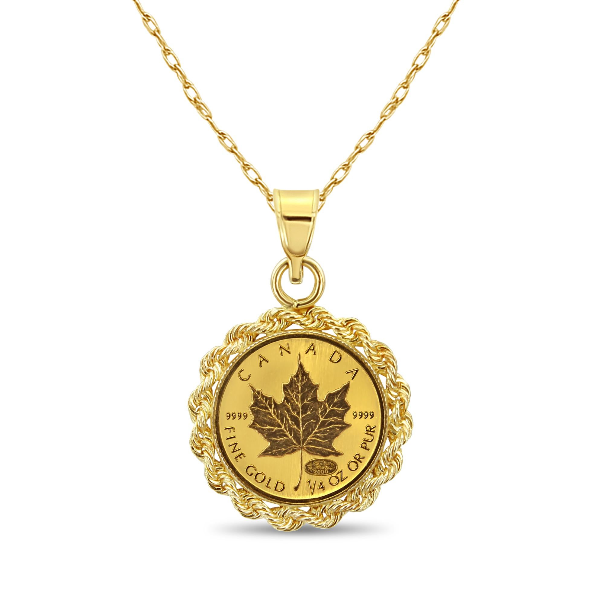 Canadian Maple Leaf Necklace with Rope Bezel 14k Yellow Gold For Sale