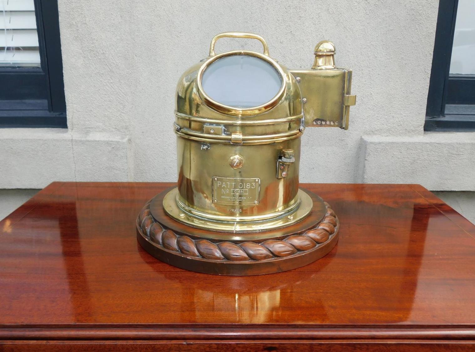 Empire Canadian Nautical Brass Yacht Binnacle Mounted on Mahogany Rope Base, 20th Cent. For Sale