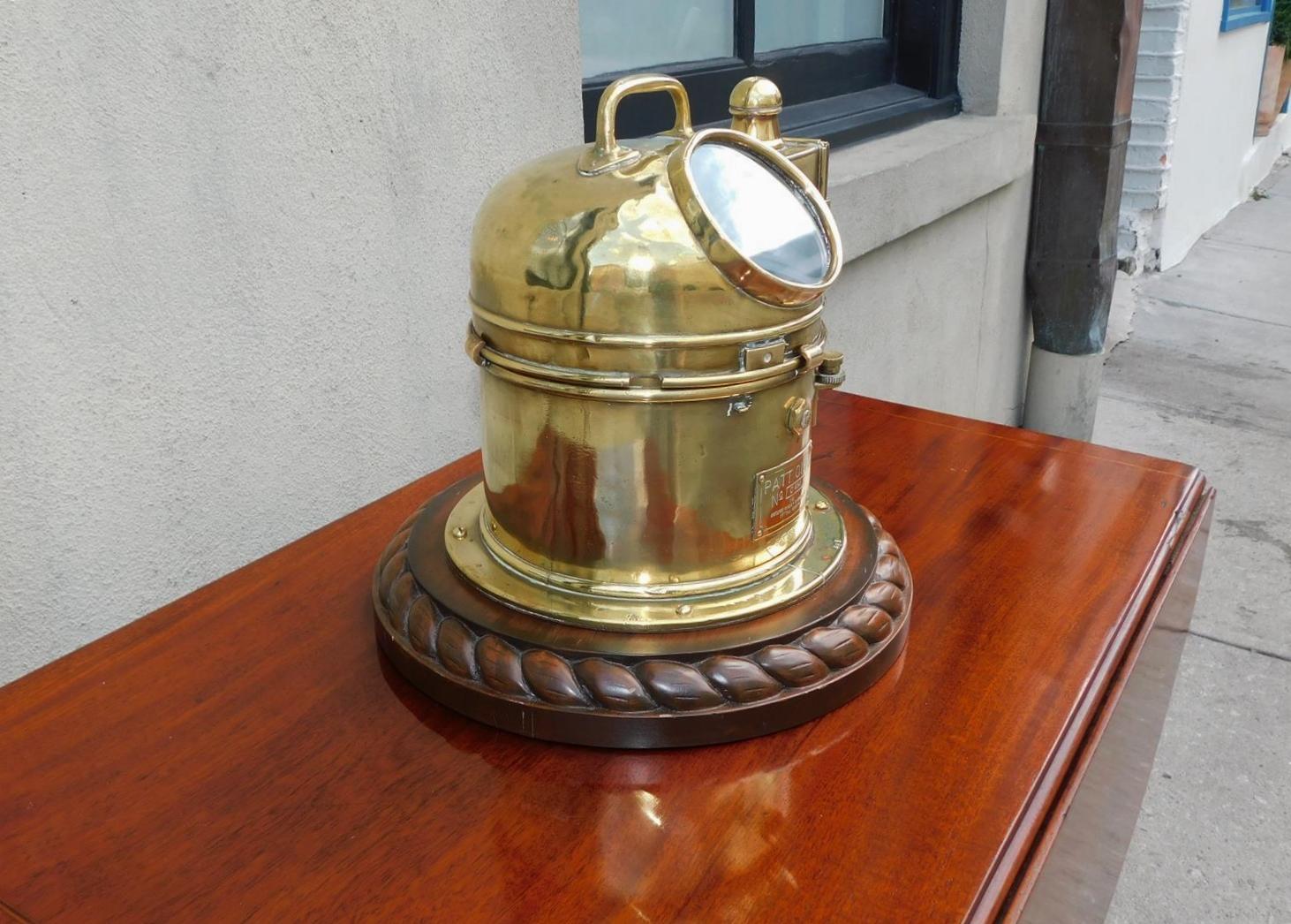 Hand-Carved Canadian Nautical Brass Yacht Binnacle Mounted on Mahogany Rope Base, 20th Cent. For Sale