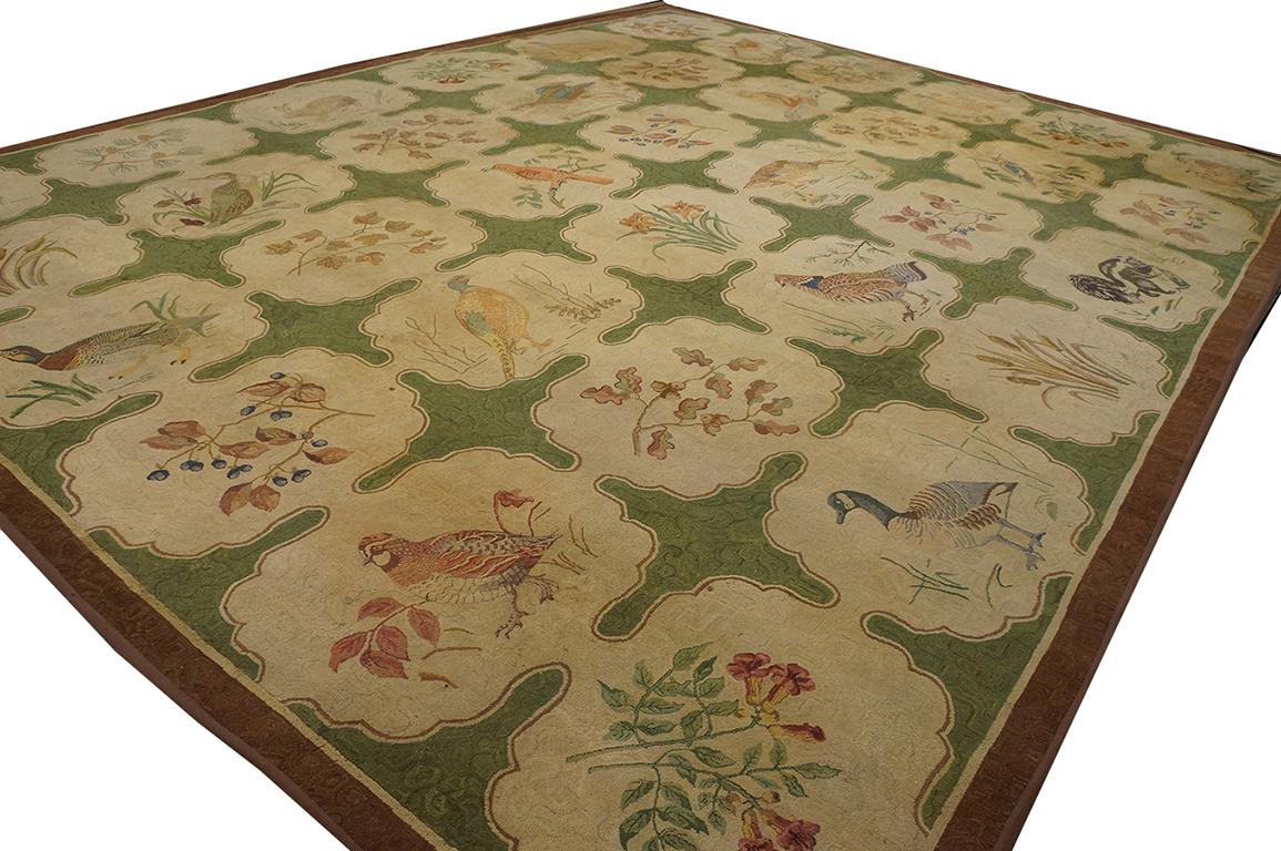 #21271
Canadian Pictorial Hooked Carpet
Canadian Newfoundland, Cape Breton Island
Cape Breton Home Industries, Cheticamp
Designed by Mary Lilian Burke
Signed MLB
Executed under the direction of  Anne a Joseph Chiasson
12’10” x 16’4” - 391 x 497