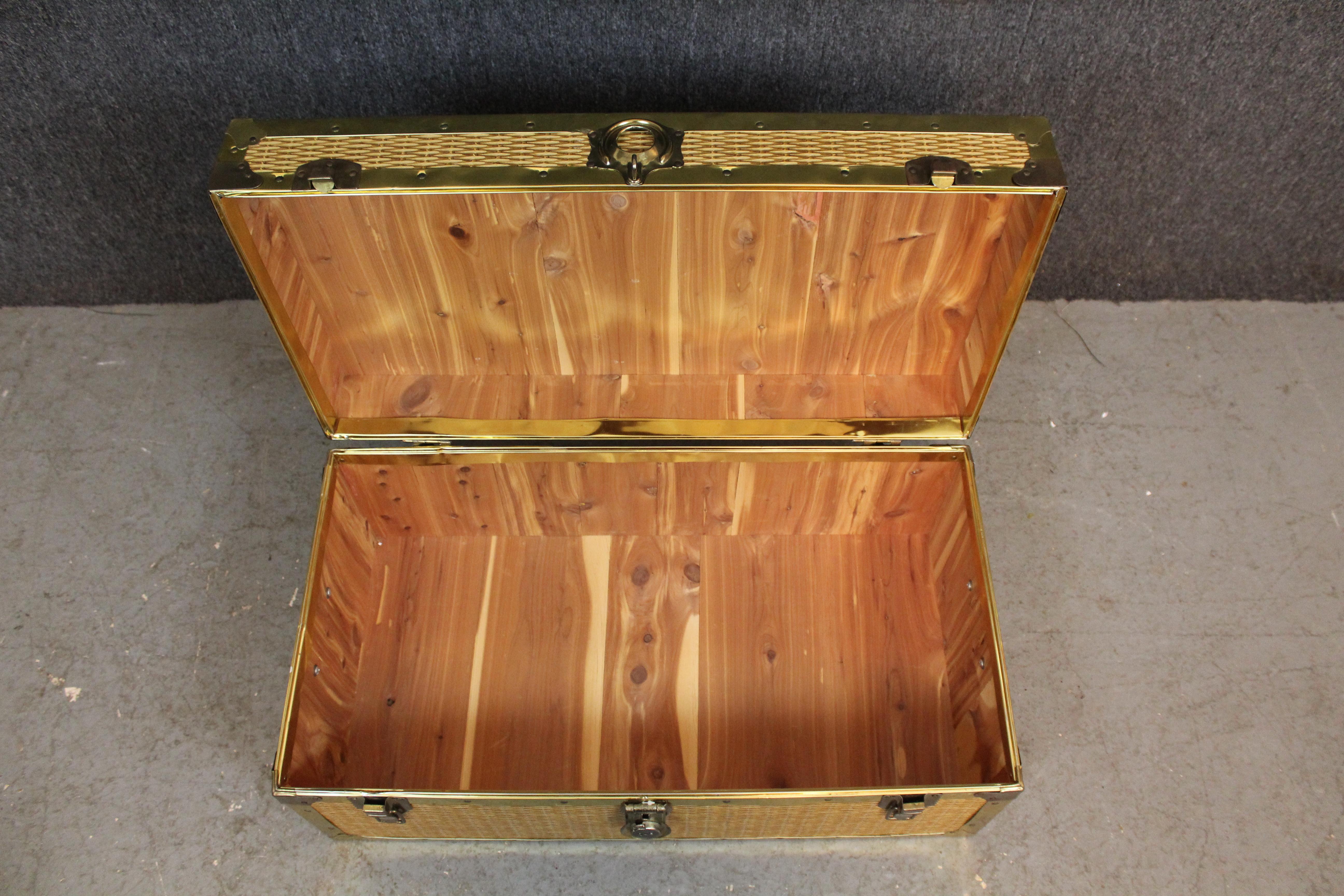 If you're looking for a Canadian brass & cedar trunk, look no further than Union Trunk Sanitized®. This truly awesome piece features a 5-sided rattan covering with a fun brass trim. A full cedar lining is in place to keep your blankets, duvets, and