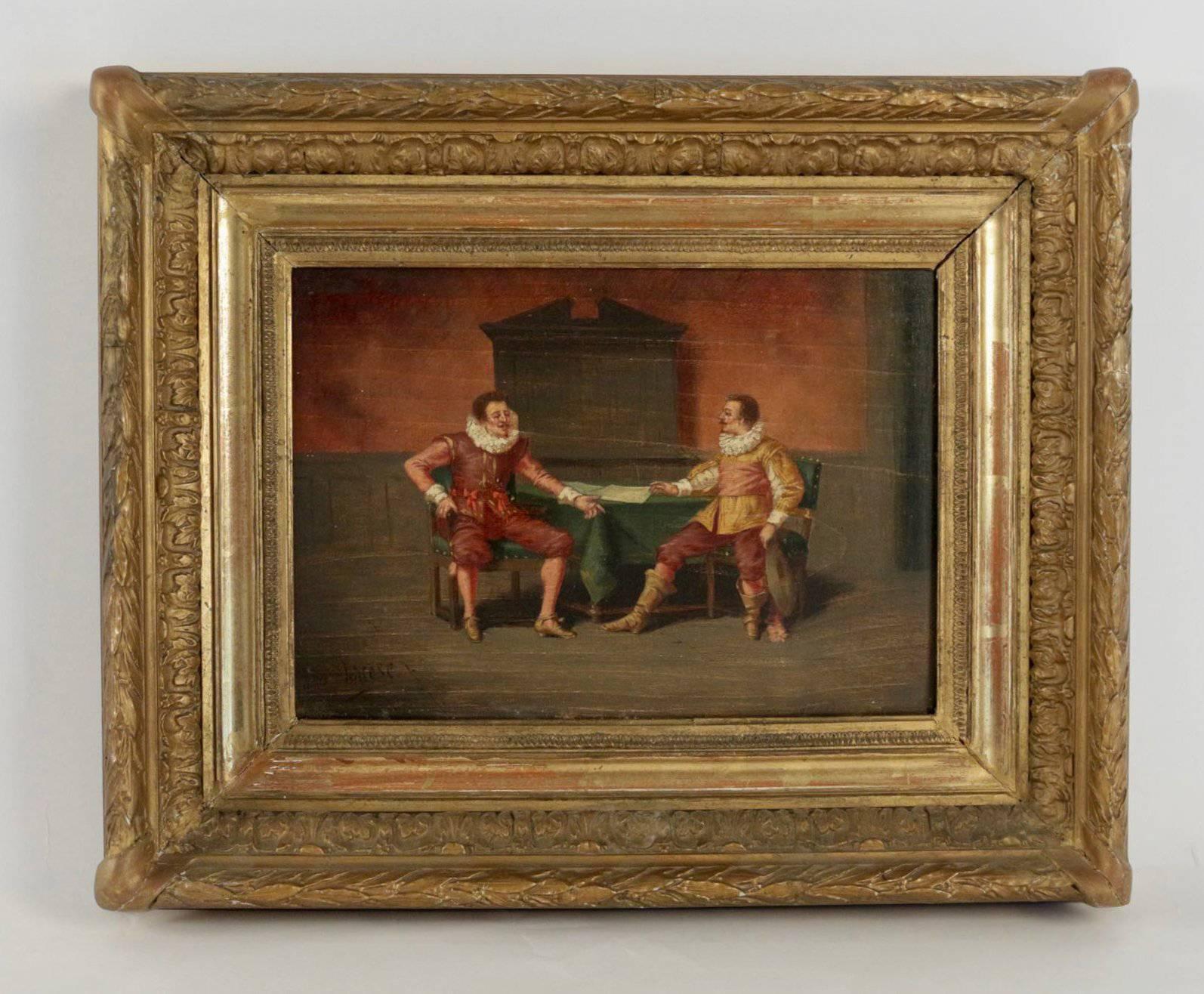 Charming painting, it depicts the conversation between 16th-century characters.
Canadian school, late 19th century, sign on the lower left by Ludger Larose, circa 1890.

Fine original condition.
Original panel.
Original giltwood