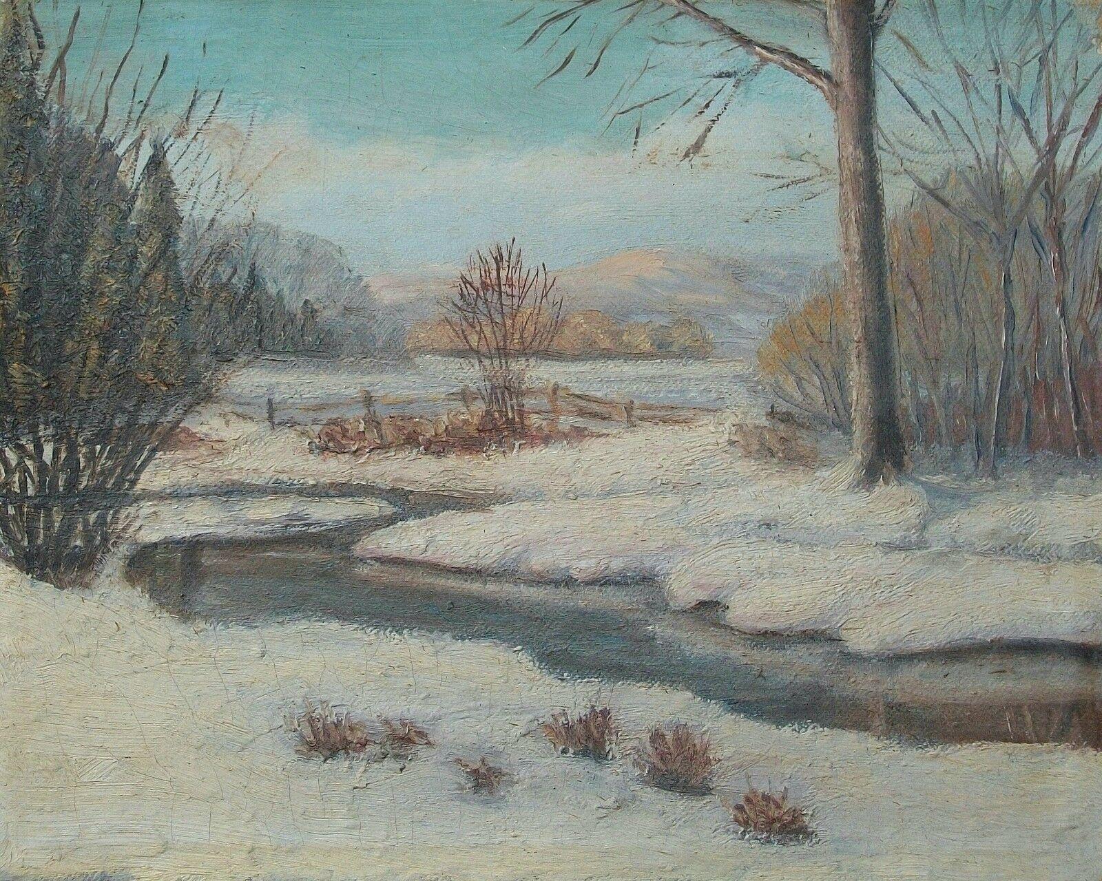 Antique Canadian school 'winter landscape with stream' oil painting on artist's board/panel - original pine frame with gilt and painted finish - unsigned/untitled (pencil note on frame - Johnson) - Canada - early 20th century. 

Excellent antique
