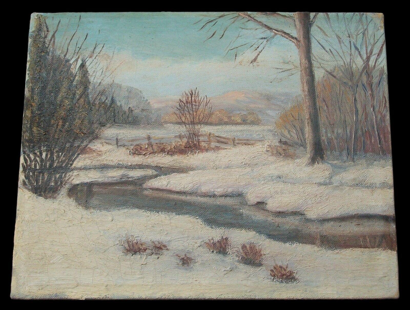 Hand-Painted Canadian School Winter Landscape Oil Painting, Unsigned, Framed, Early 20th C For Sale