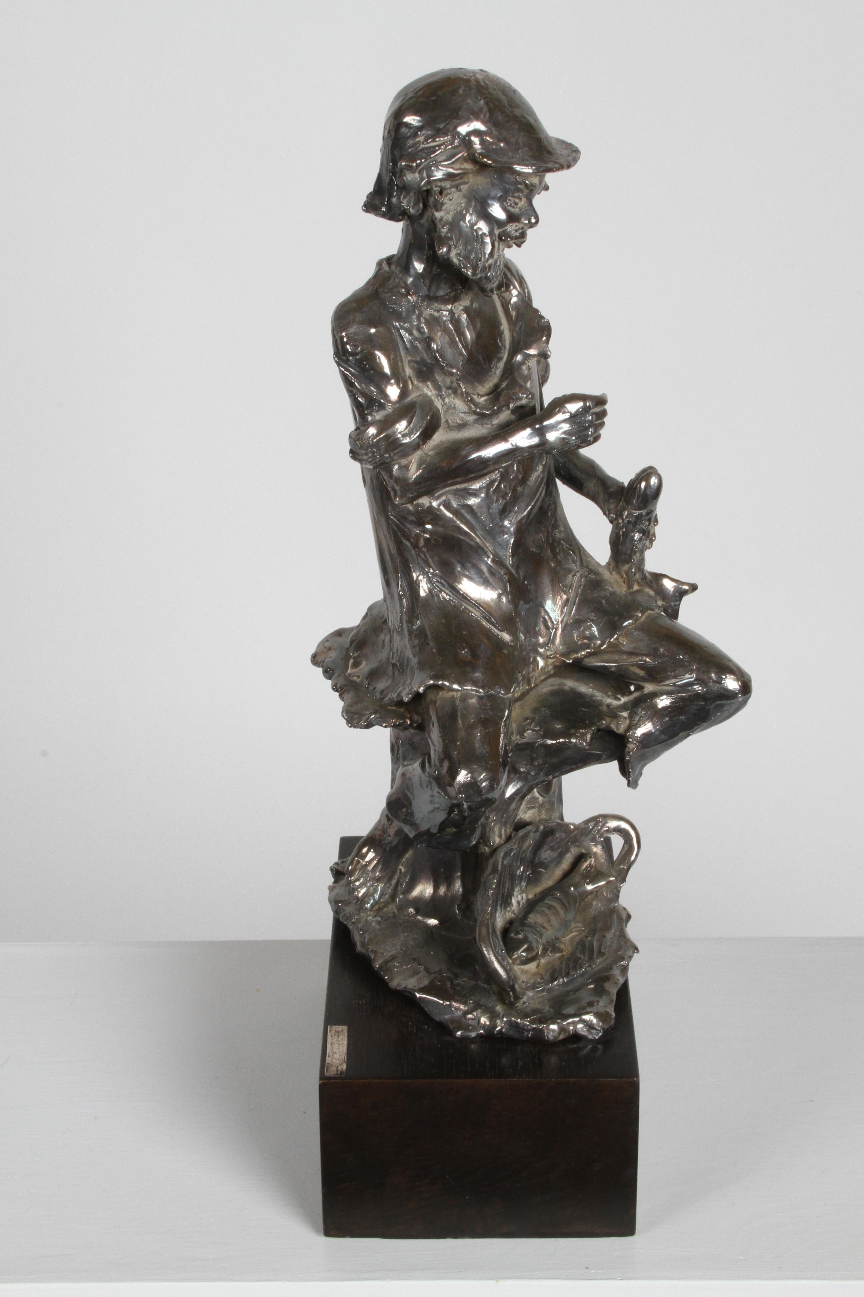 Mid-20th Century Canadian Sculptor Alice Winant, Sterling Sculpture of a Fisherman on Wood Base For Sale