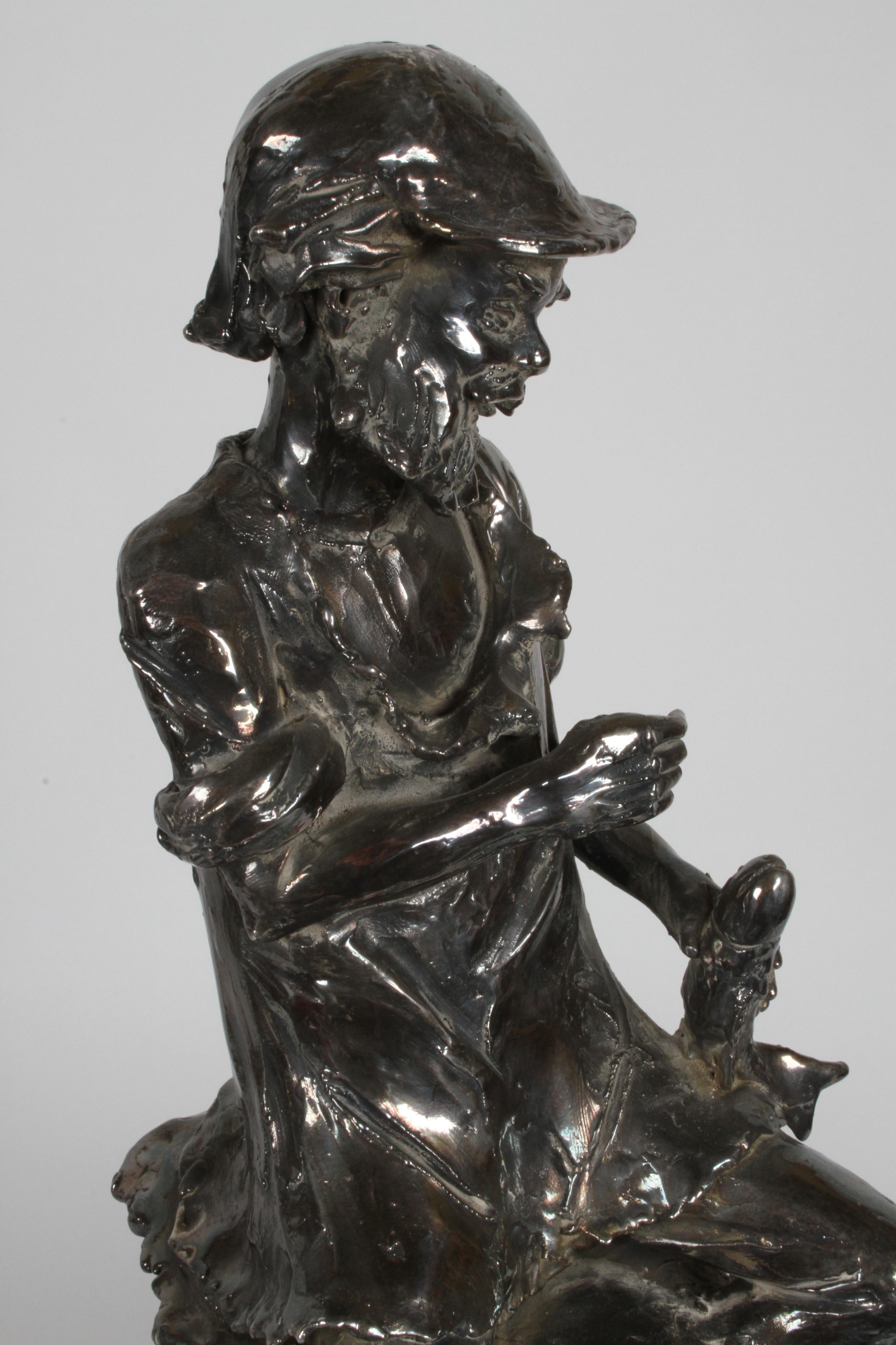 Sterling Silver Canadian Sculptor Alice Winant, Sterling Sculpture of a Fisherman on Wood Base For Sale