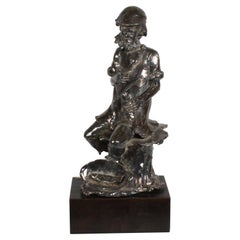 Canadian Sculptor Alice Winant, Sterling Sculpture of a Fisherman on Wood Base