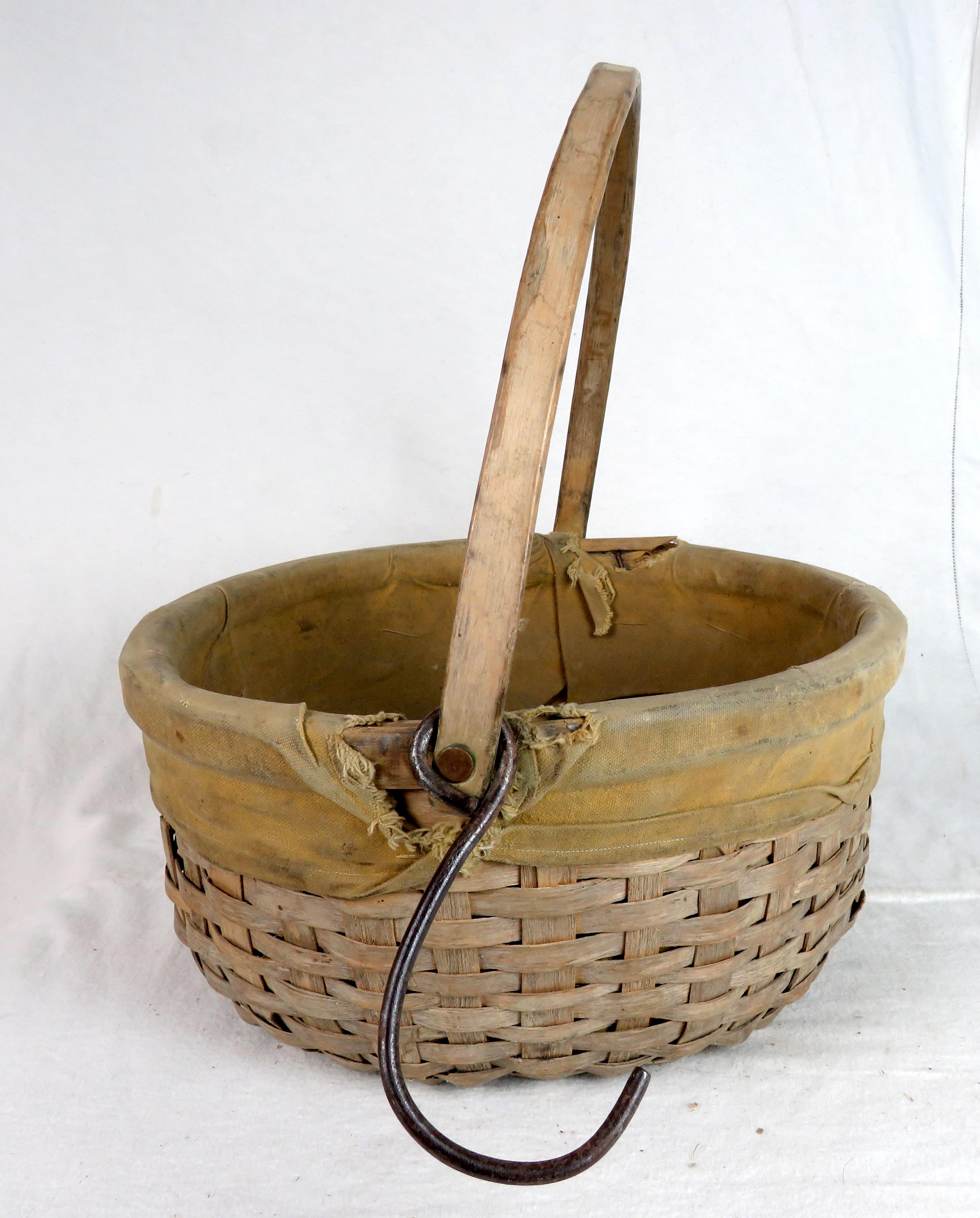 Hand-Woven Canadian Swing Handled Basket with Canvas Lining, Circa 1900 For Sale