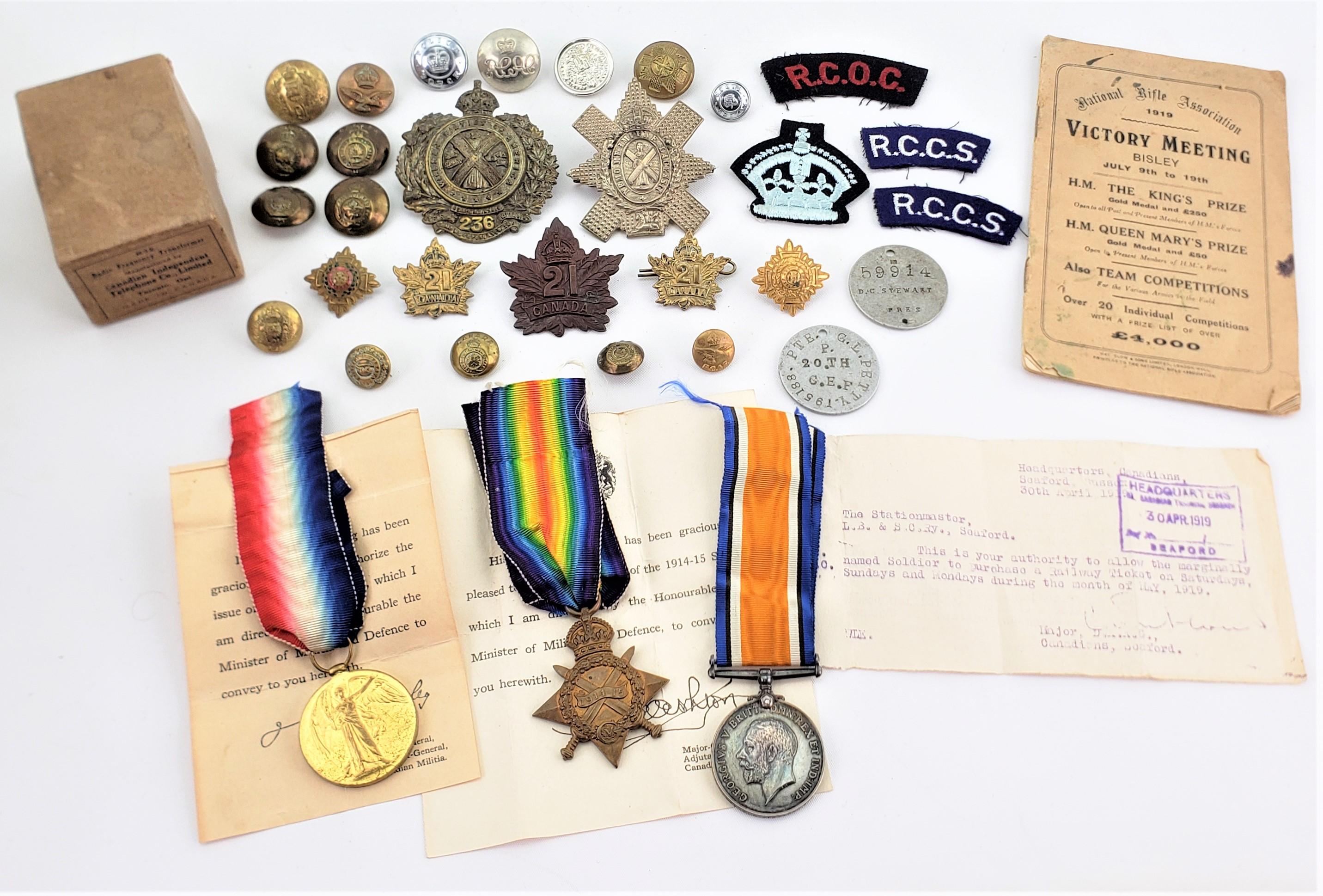 This grouping of some three dozen WW1 items come from the estate of CPL. D.C Stewart who served in the Infantry of the 21st Regiment of the Canadian Armed Forces stationed in Kingston, Ontario Canada. The grouping includes his hat and uniform