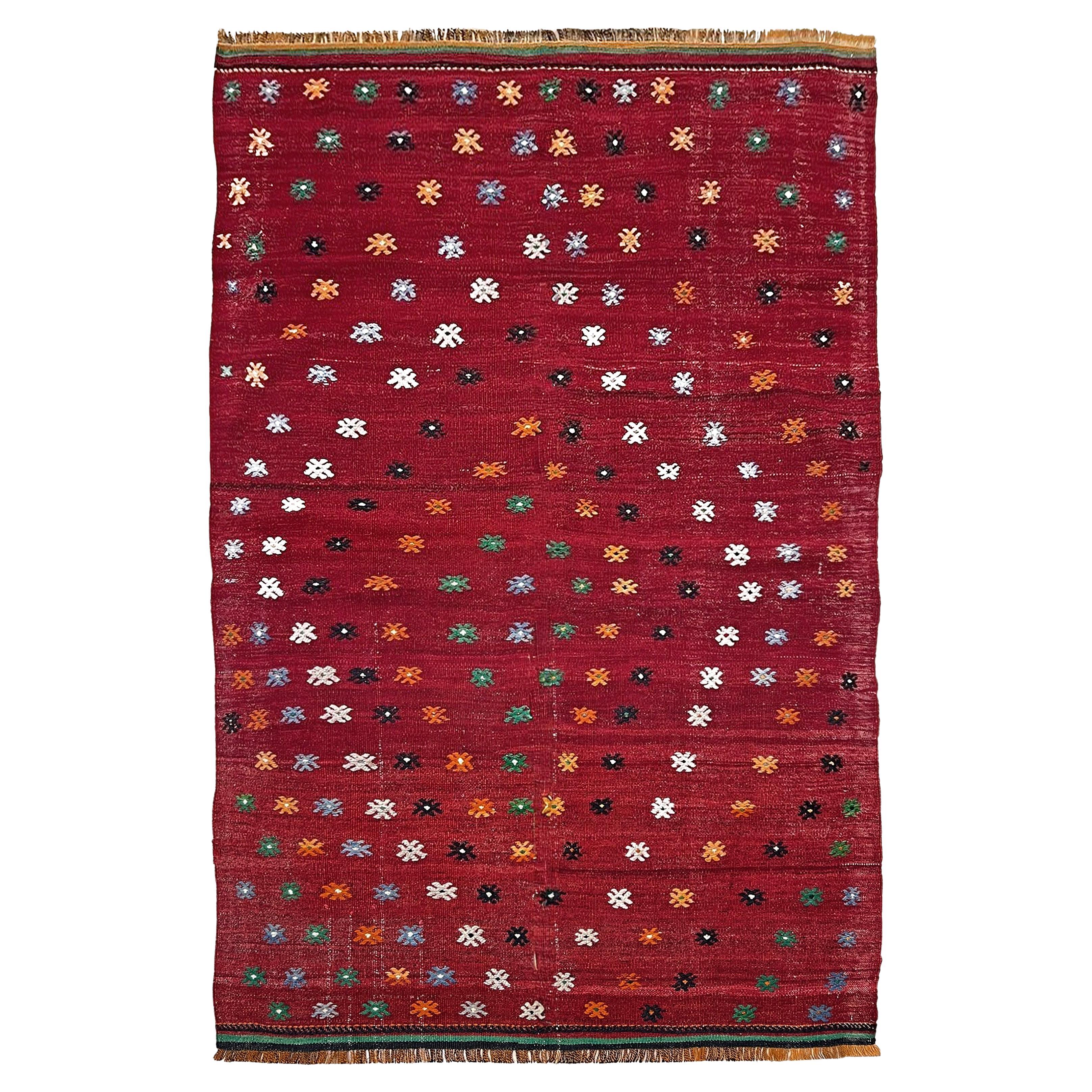 Kilim turco rosso mattone di Canakkale - Tappeto a trama piatta vintage fatto a mano (5′×7′) in vendita