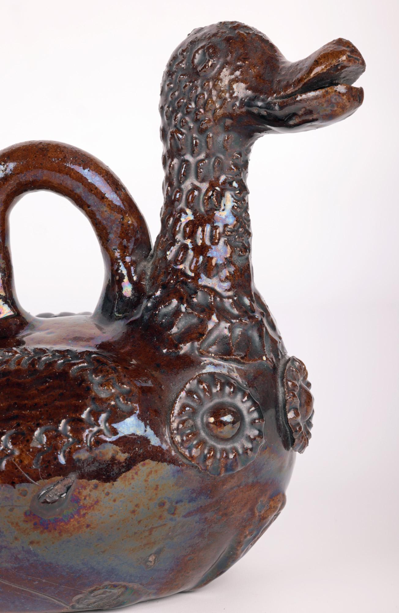 19th Century Canakkale Turkish Ottoman Revival Treacle Glazed Duck Ewer For Sale