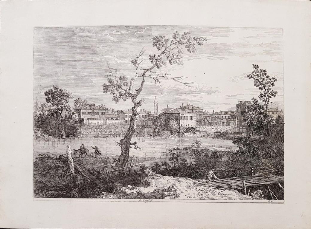 Giovanni Antonio Canal (Canaletto) Landscape Print - View of a Town on a River Bank - Original Etching by Canaletto