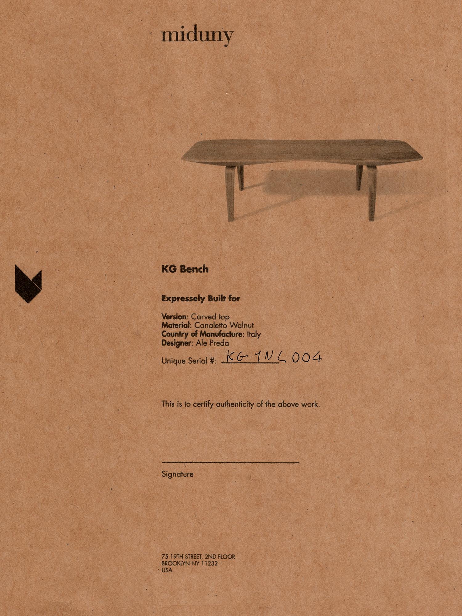 Canaletto Walnut Bench with Carved Top by Miduny, Made in Italy For Sale 1