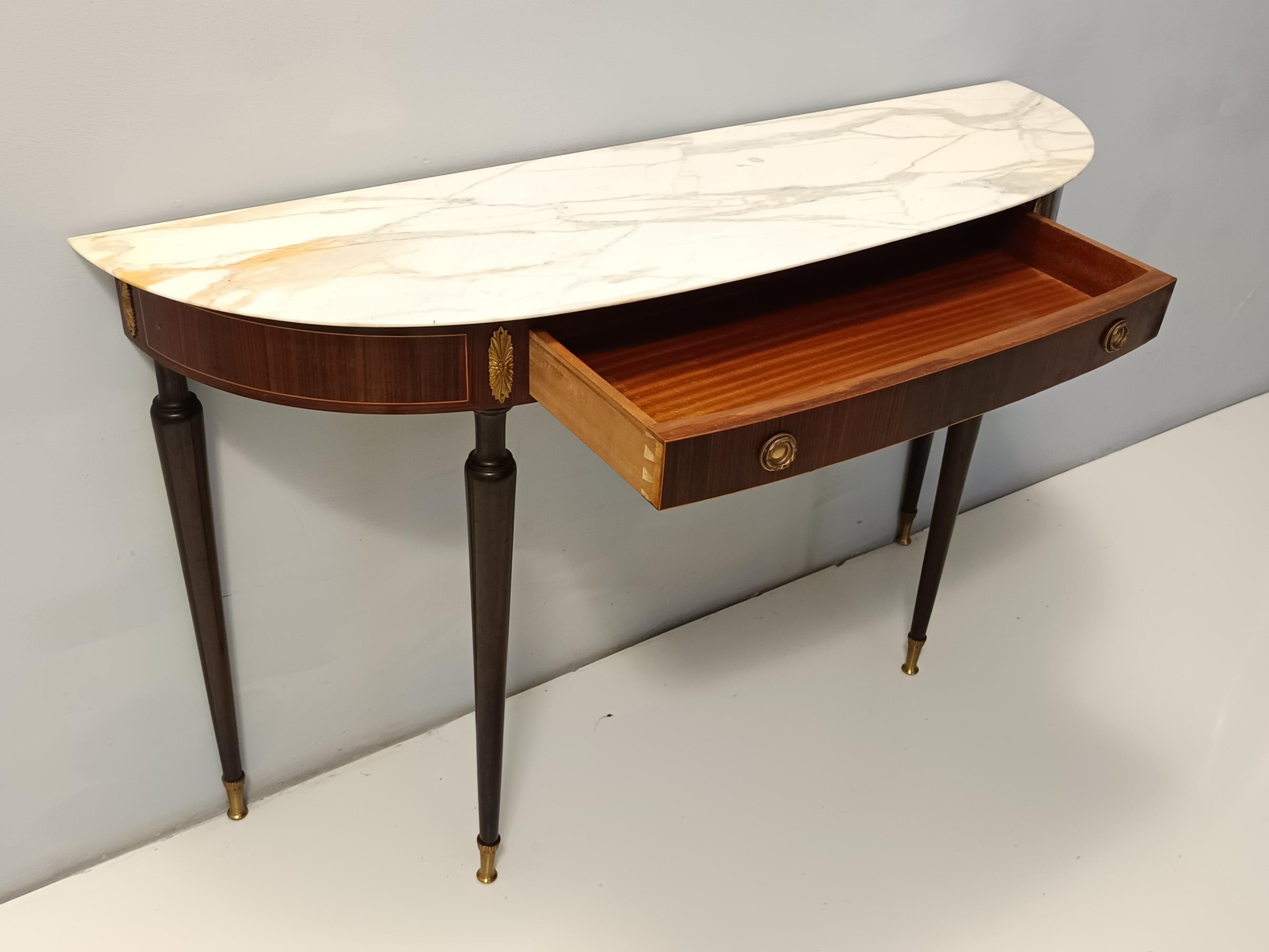Canaletto Walnut Console with a Demilune White Marble Top attr. to Paolo Buffa 1