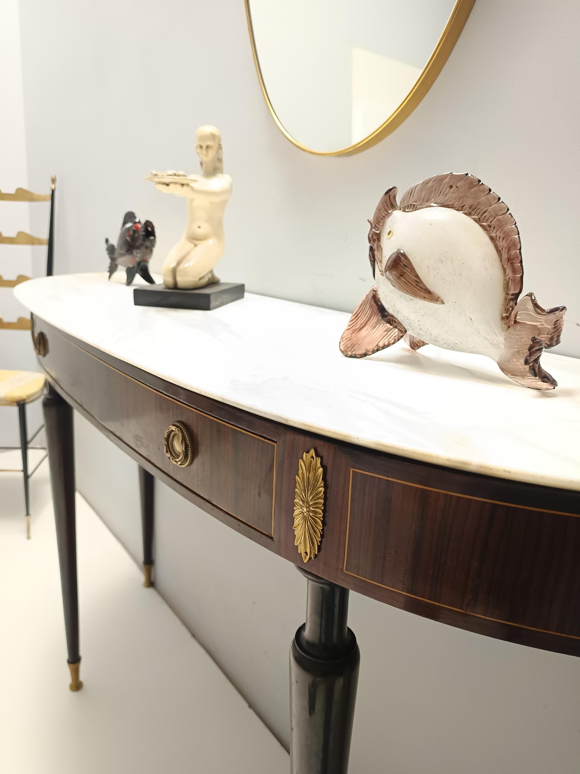Italian Canaletto Walnut Console with a Demilune White Marble Top attr. to Paolo Buffa