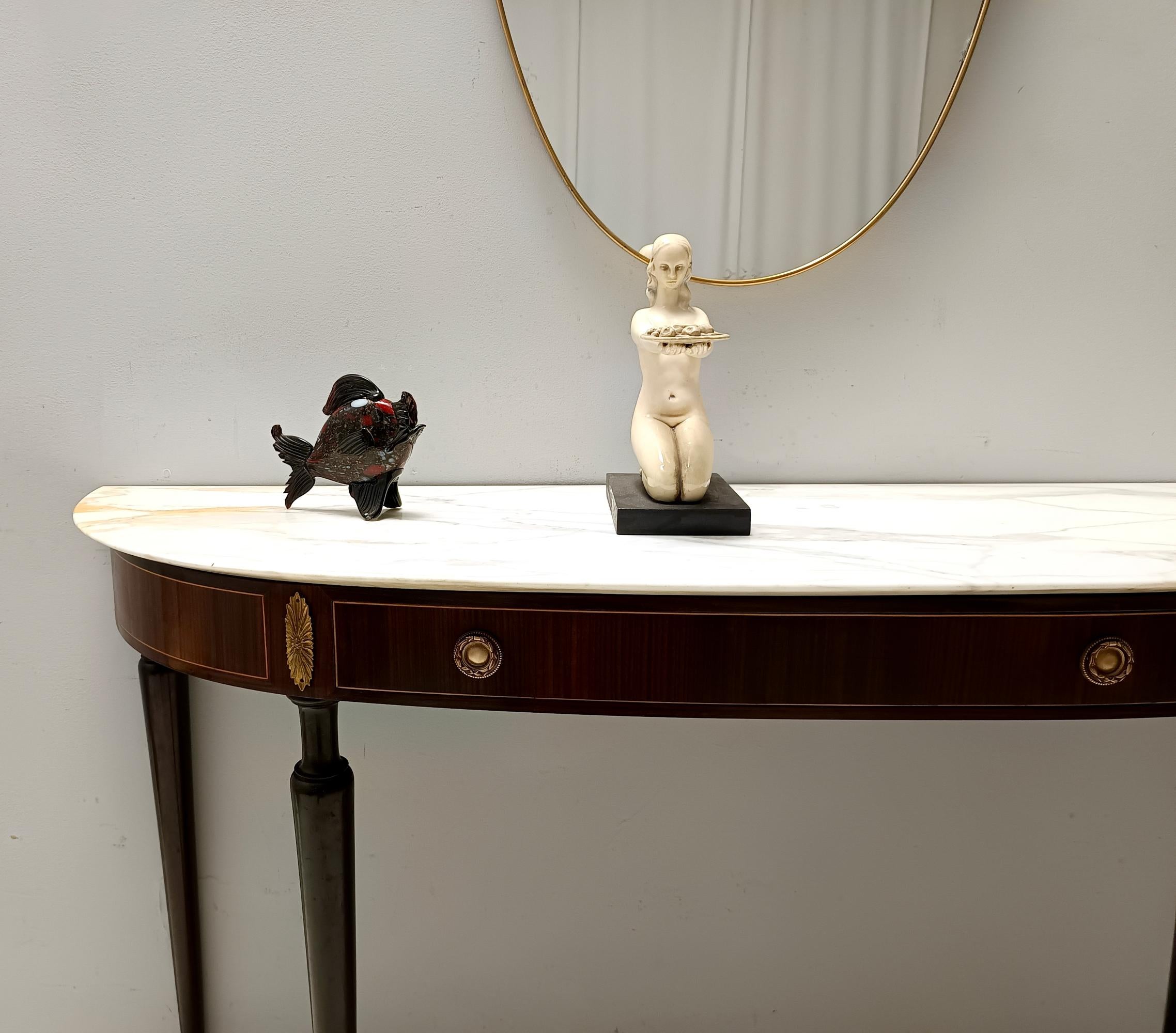 Canaletto Walnut Console with a Demilune White Marble Top attr. to Paolo Buffa In Excellent Condition In Bresso, Lombardy