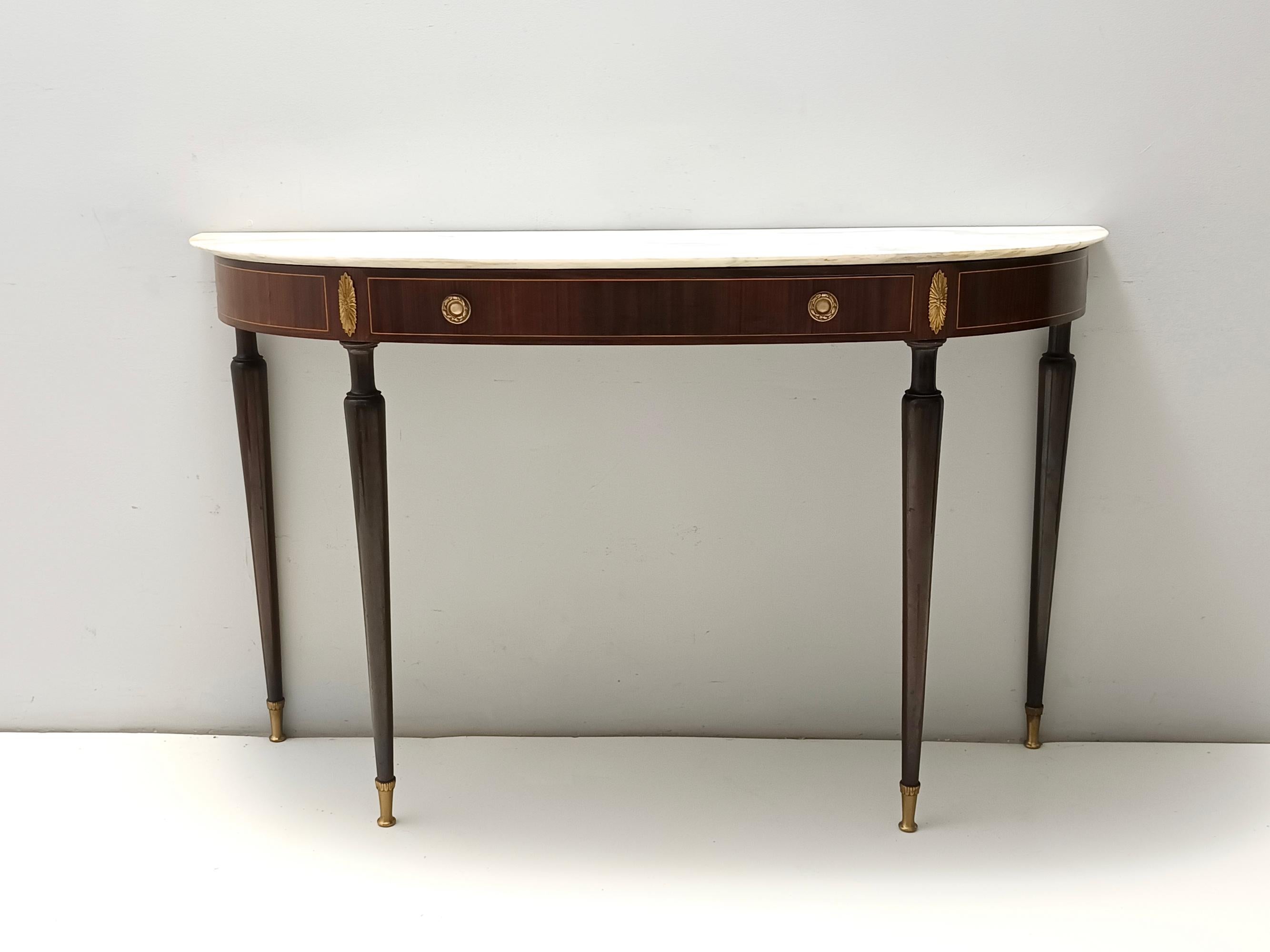 Brass Canaletto Walnut Console with a Demilune White Marble Top attr. to Paolo Buffa
