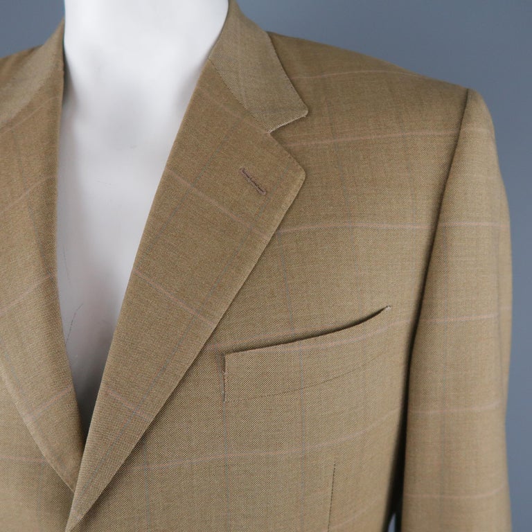 CANALI 42 Long Cashmere Gold Khaki Windowpane Sport Coat For Sale at