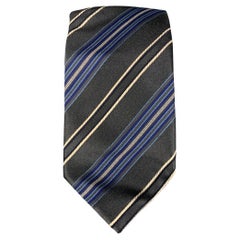 CANALI Grey Blue White Diagonal Stripe Silk Neck Tie