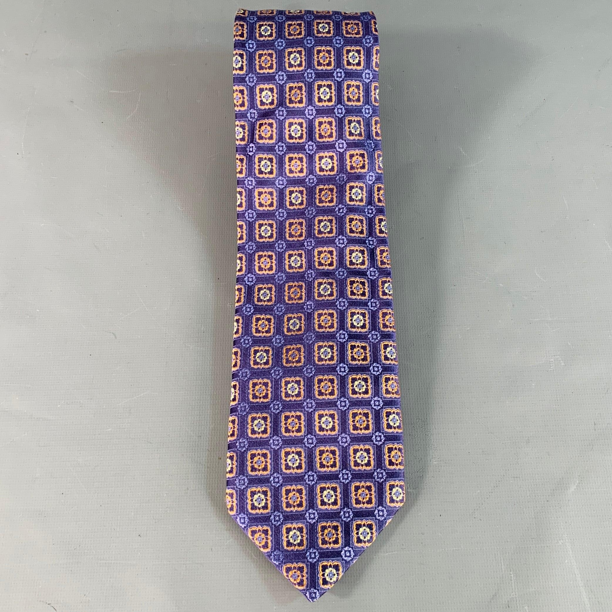 CANALI Corbata de Seda Floral Abstracta Azul Marino Naranja Púrpura en venta