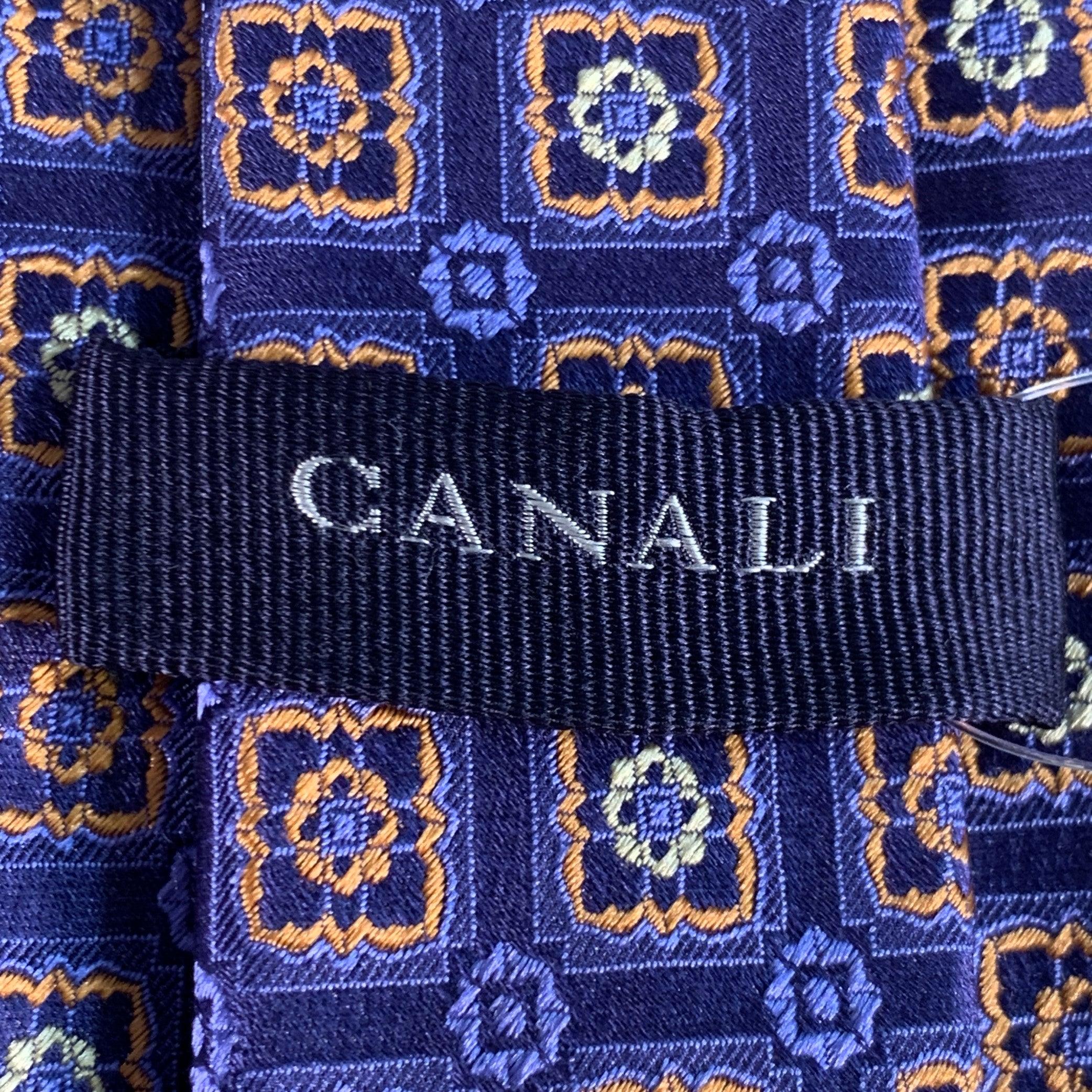 De los hombres CANALI Corbata de Seda Floral Abstracta Azul Marino Naranja en venta