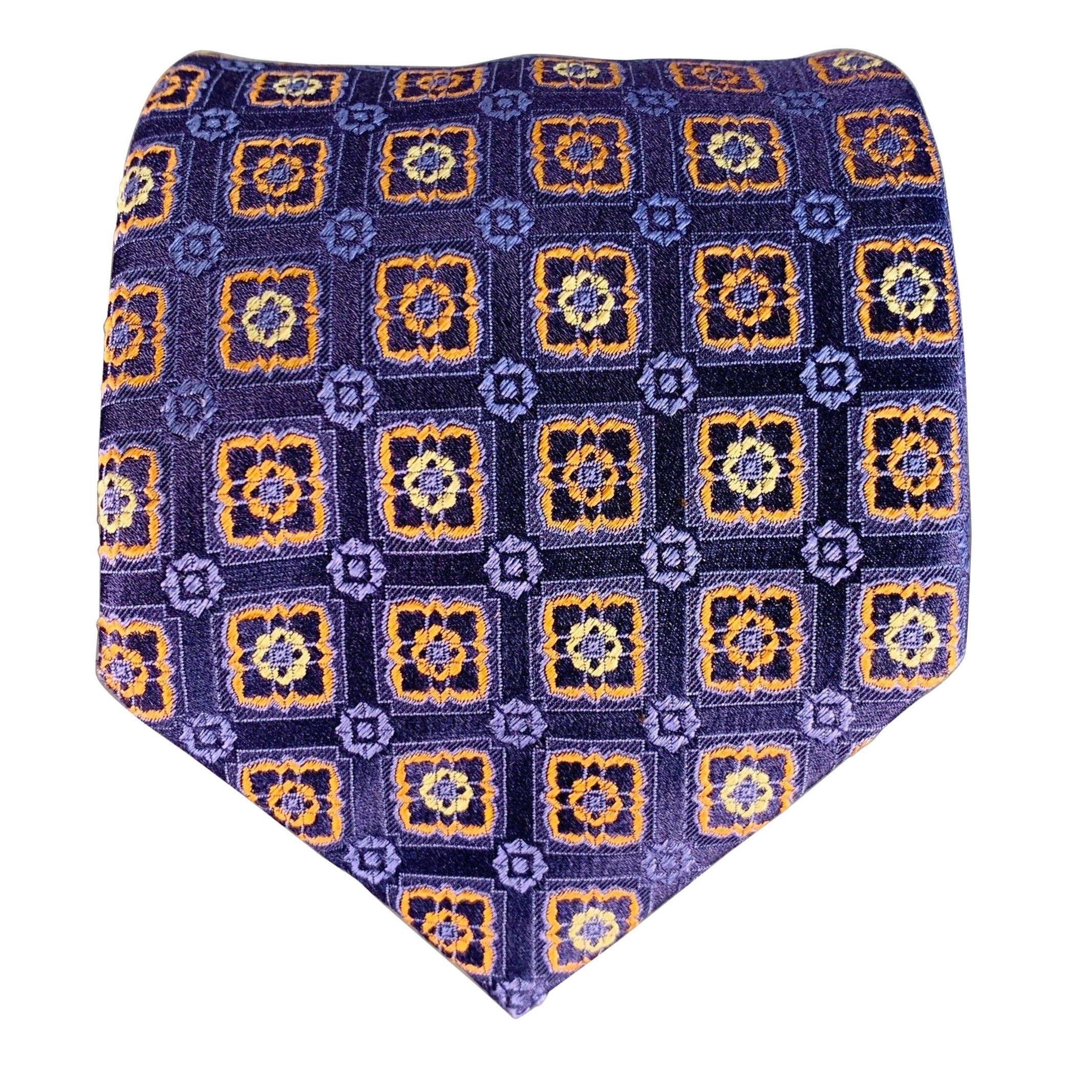 CANALI Corbata de Seda Floral Abstracta Azul Marino Naranja en venta
