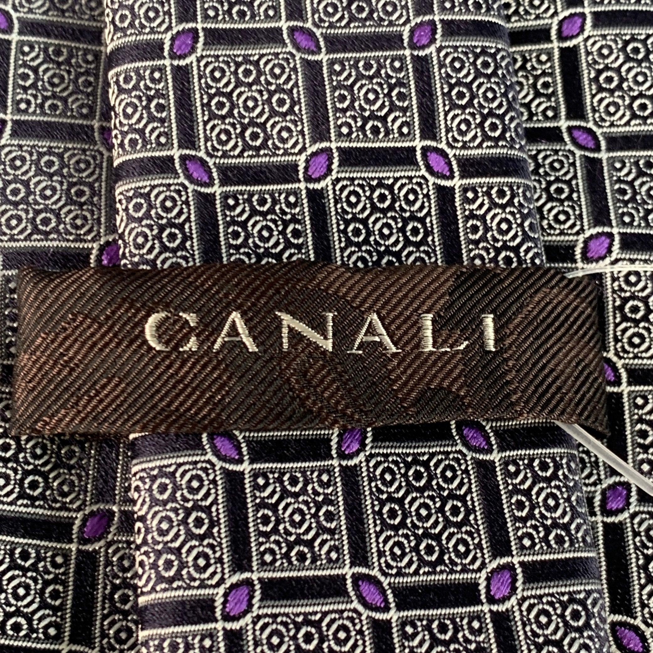 Uomo Canali, cravatta in seta jacquard a scacchi viola e nera taglia unica in vendita