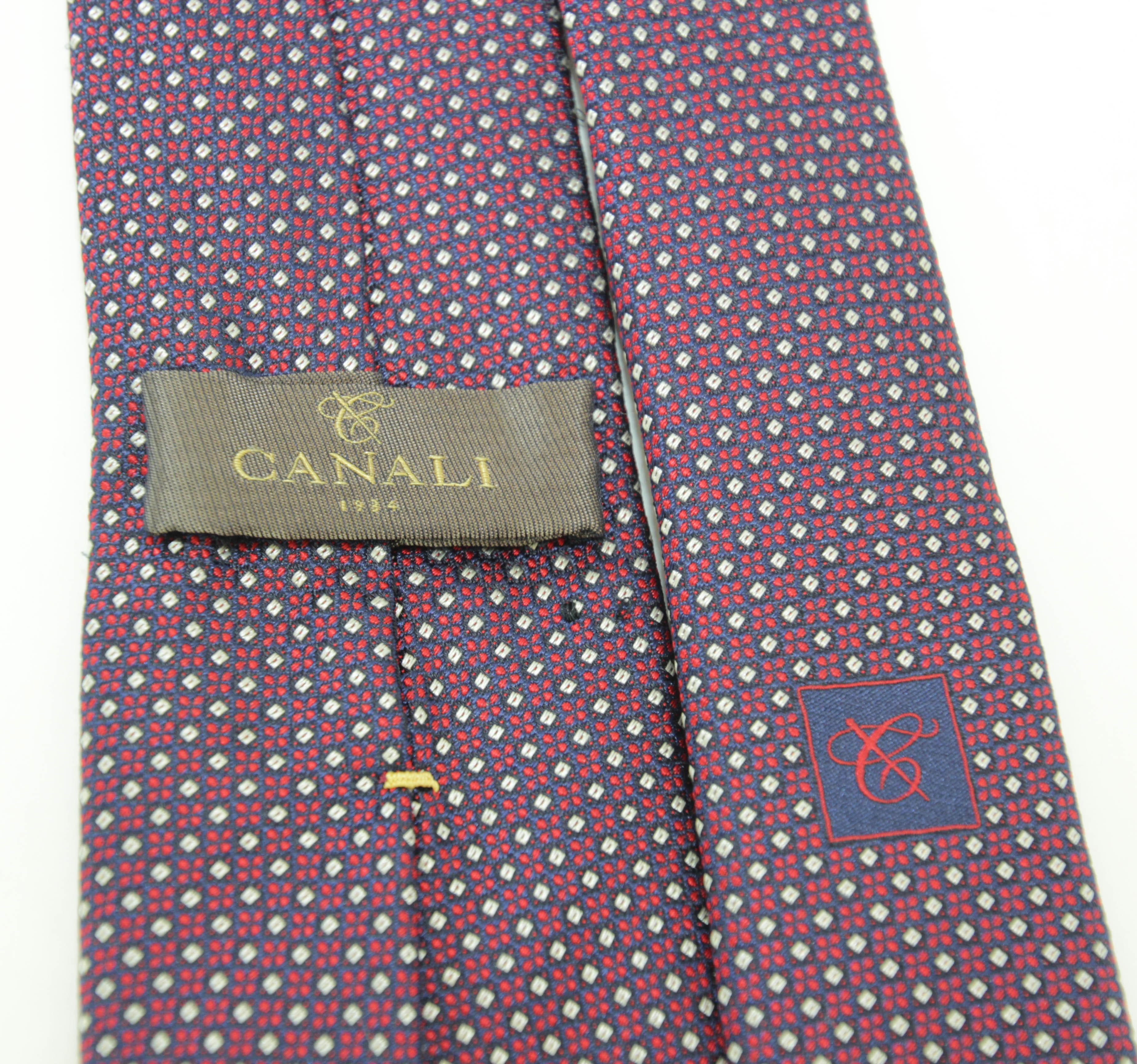 Women's or Men's Canali Silk Necktie Geometric Pattern Dark Red White and Blue Italy For Sale