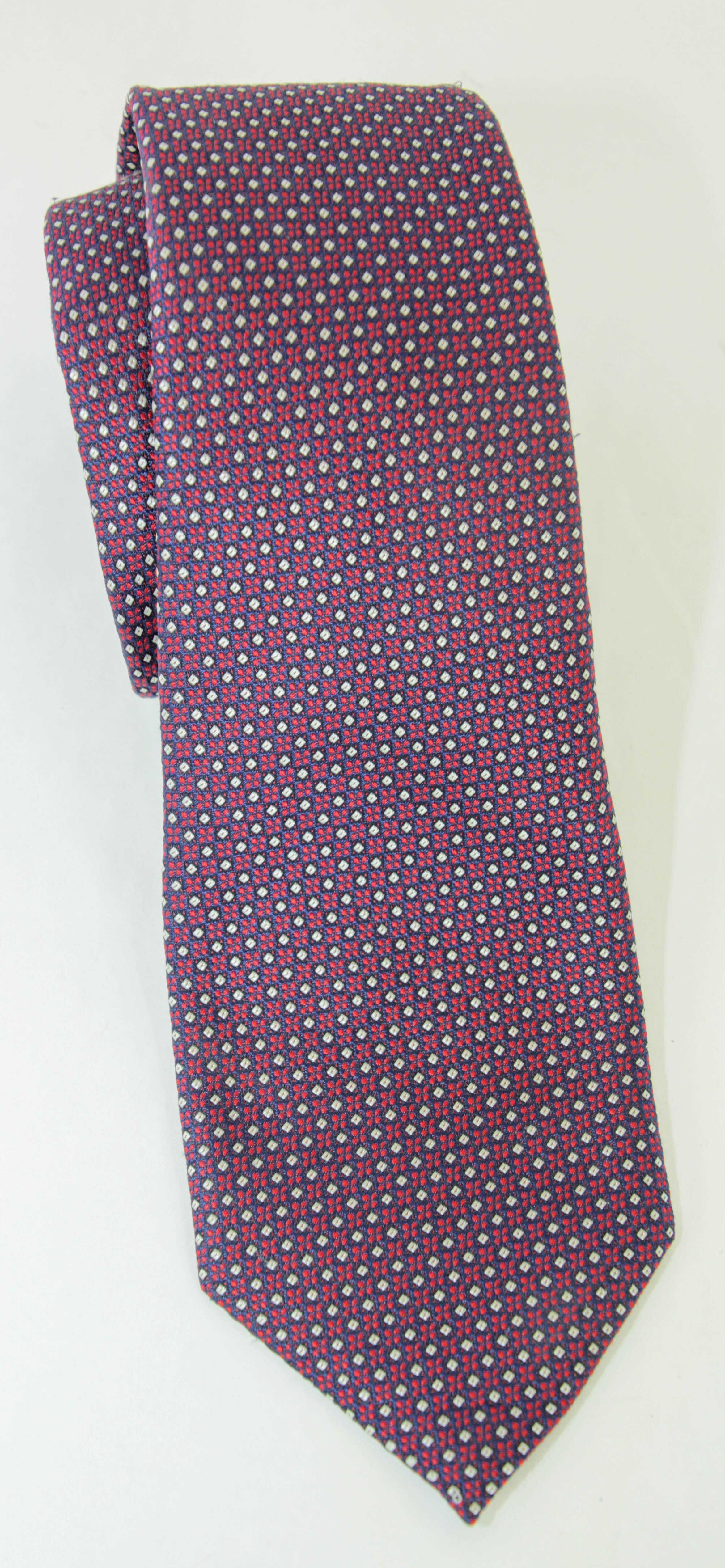 Canali Silk Necktie Geometric Pattern Dark Red White and Blue Italy For Sale 1