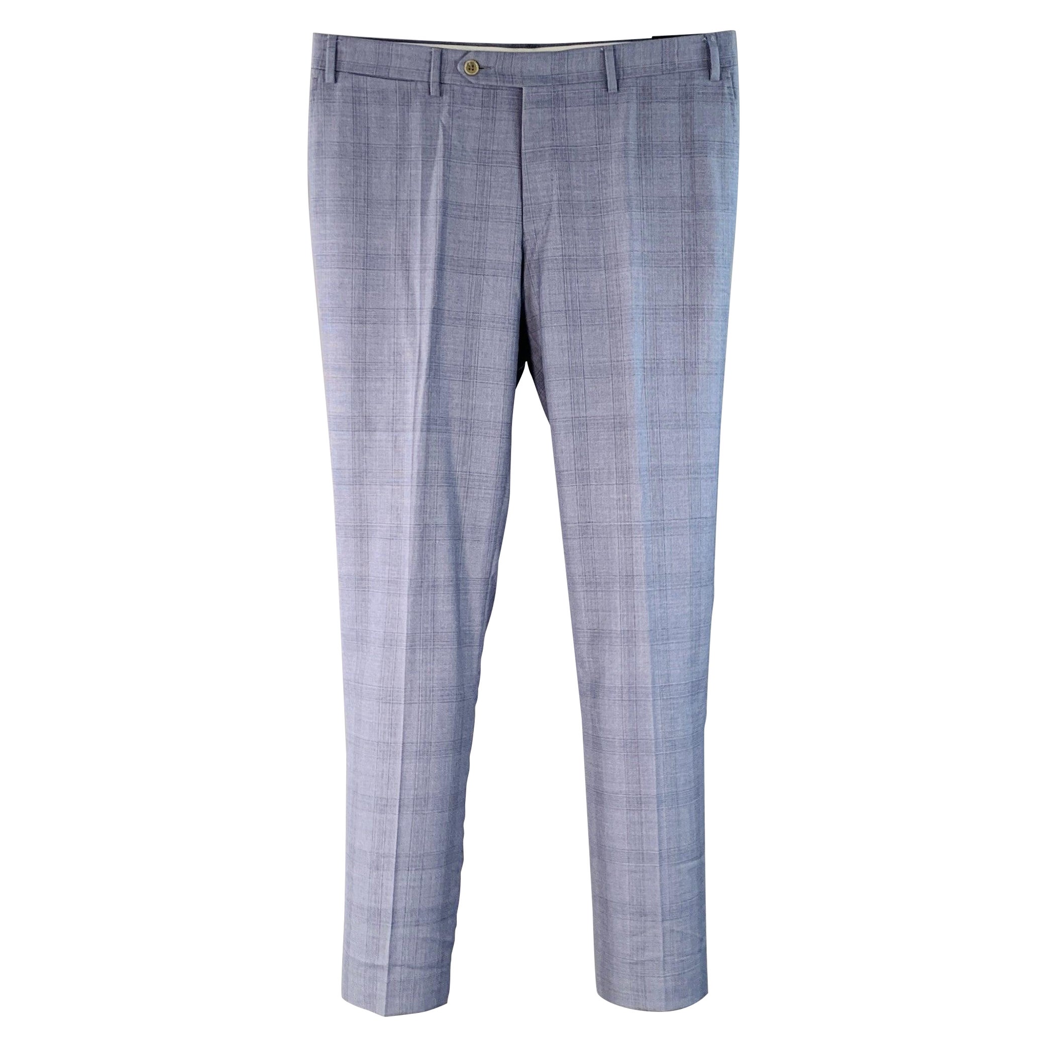Canali Taille 34 Pantalon habillé en laine à carreaux, à devant plat, taille 34 en vente