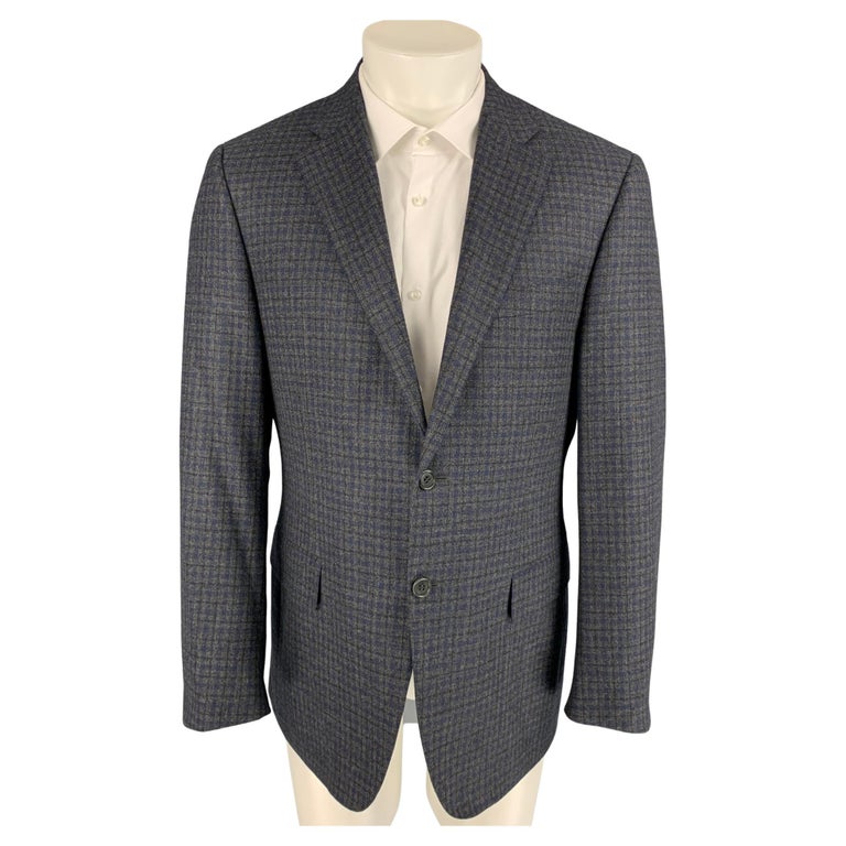 CANALI Size 34 Grey and Navy Plaid Wool Single Breasted Sport Coat For