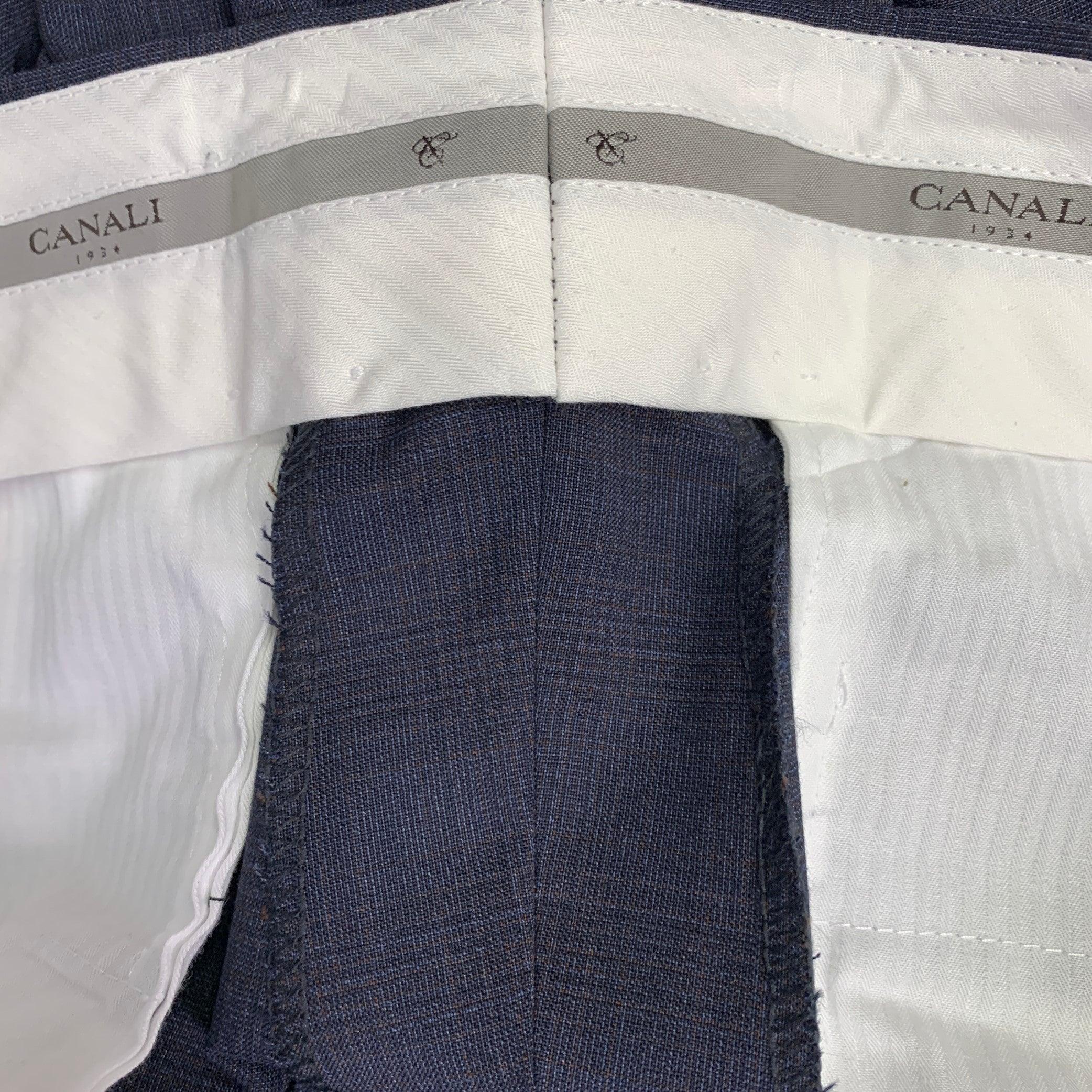 Men's CANALI Size 36 Navy Brown Wool Flat Front Dress Pants For Sale