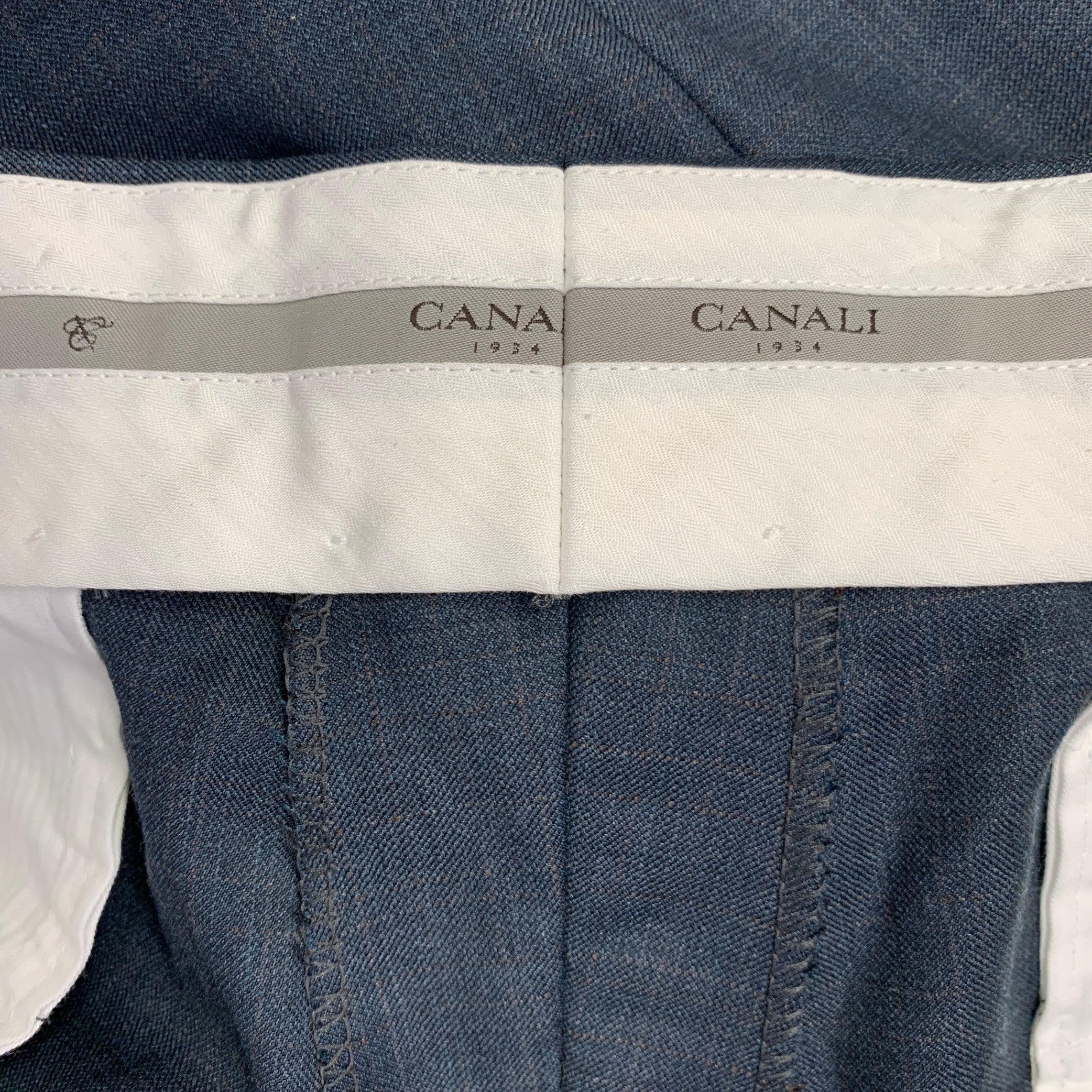 De los hombres CANALI Talla 38 Gris Marrón Lana Frente Plano Pantalón de vestir