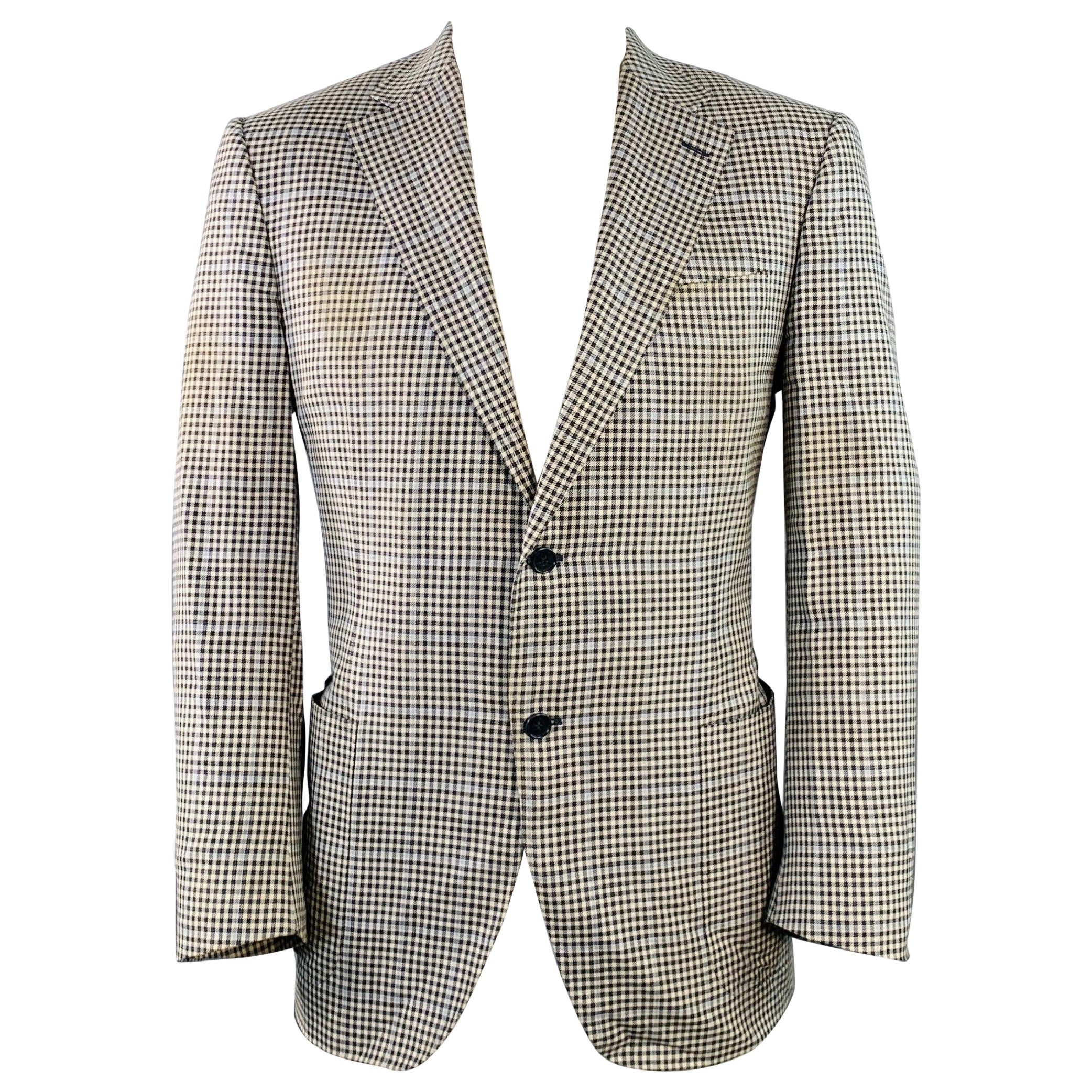 CANALI Size 44 White Black Checkered Wool Silk Linen Sport Coat