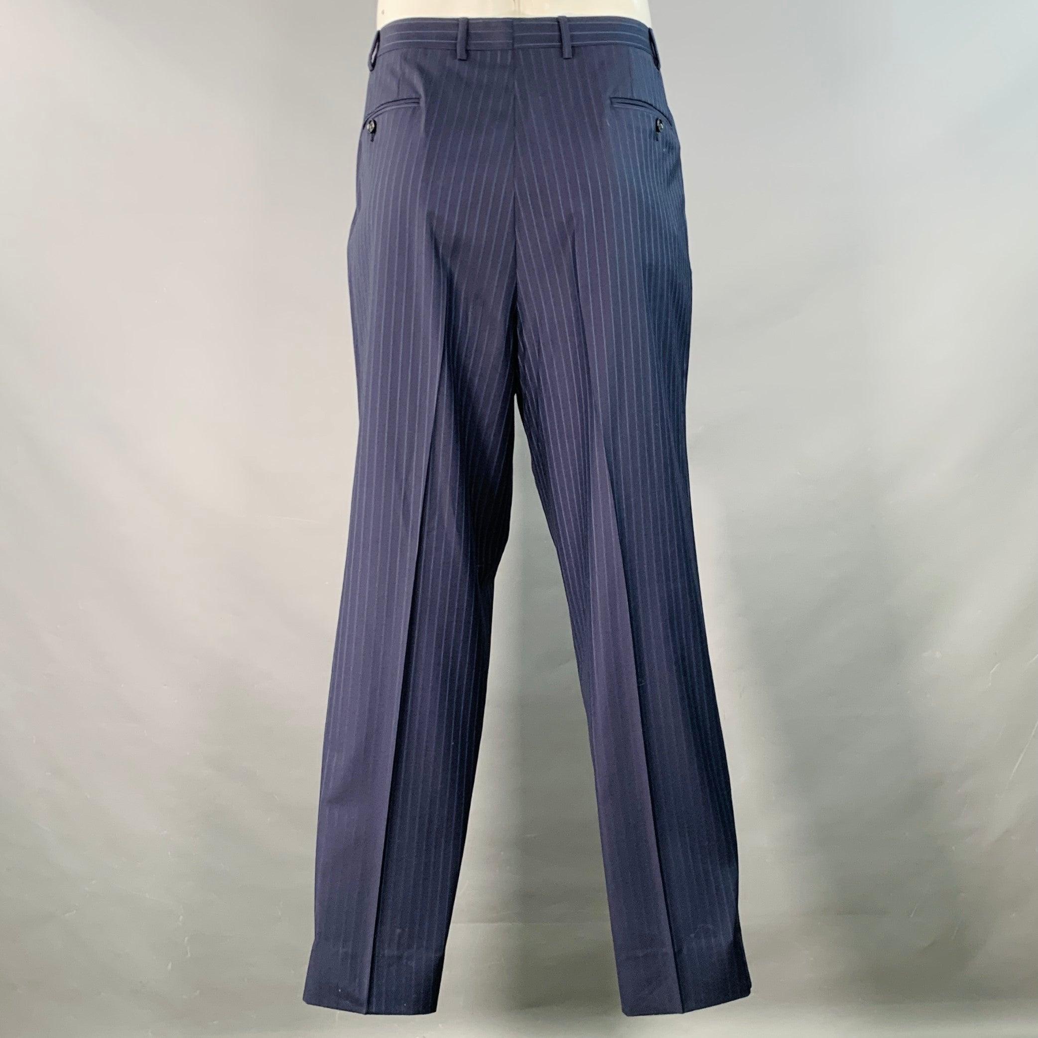 Canali Taille 48 Regular Costume bleu marine à rayures en laine vierge à revers échancré en vente 1