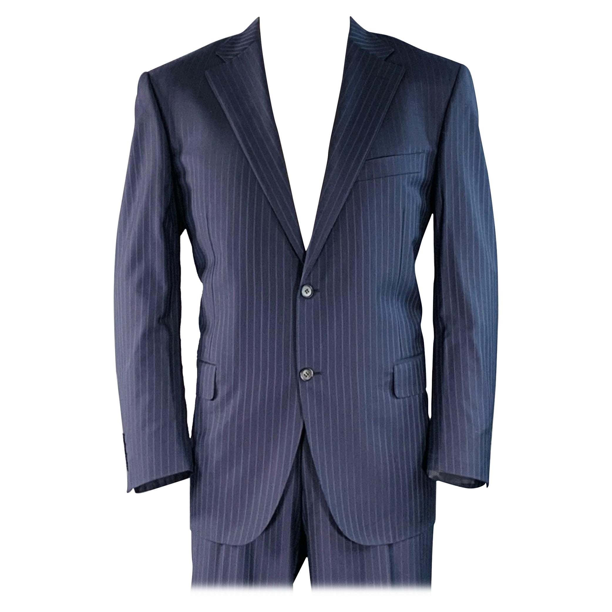 Canali Taille 48 Regular Costume bleu marine à rayures en laine vierge à revers échancré en vente