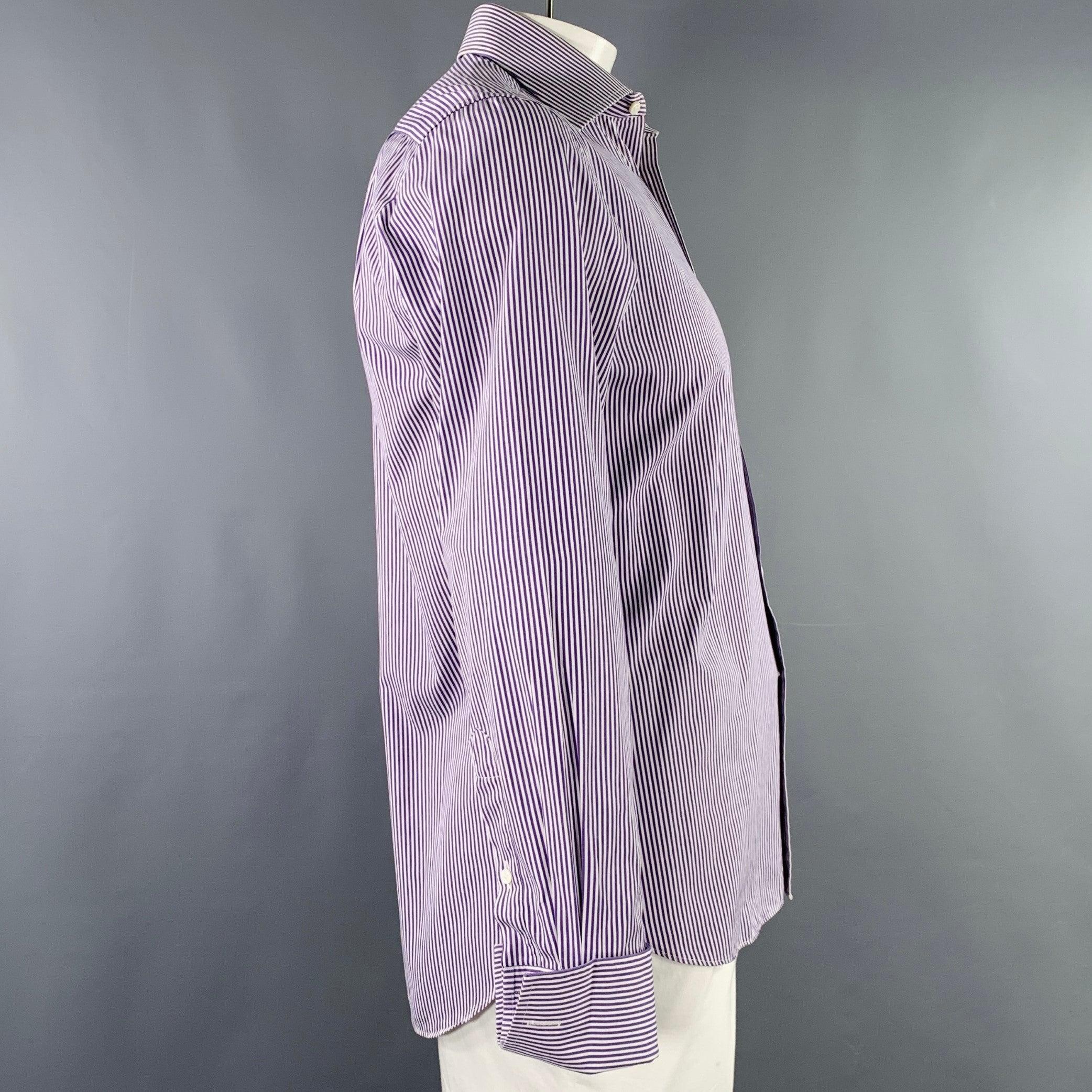 Gray CANALI Size L White Purple Stripe Cotton French Cuff Long Sleeve Shirt For Sale