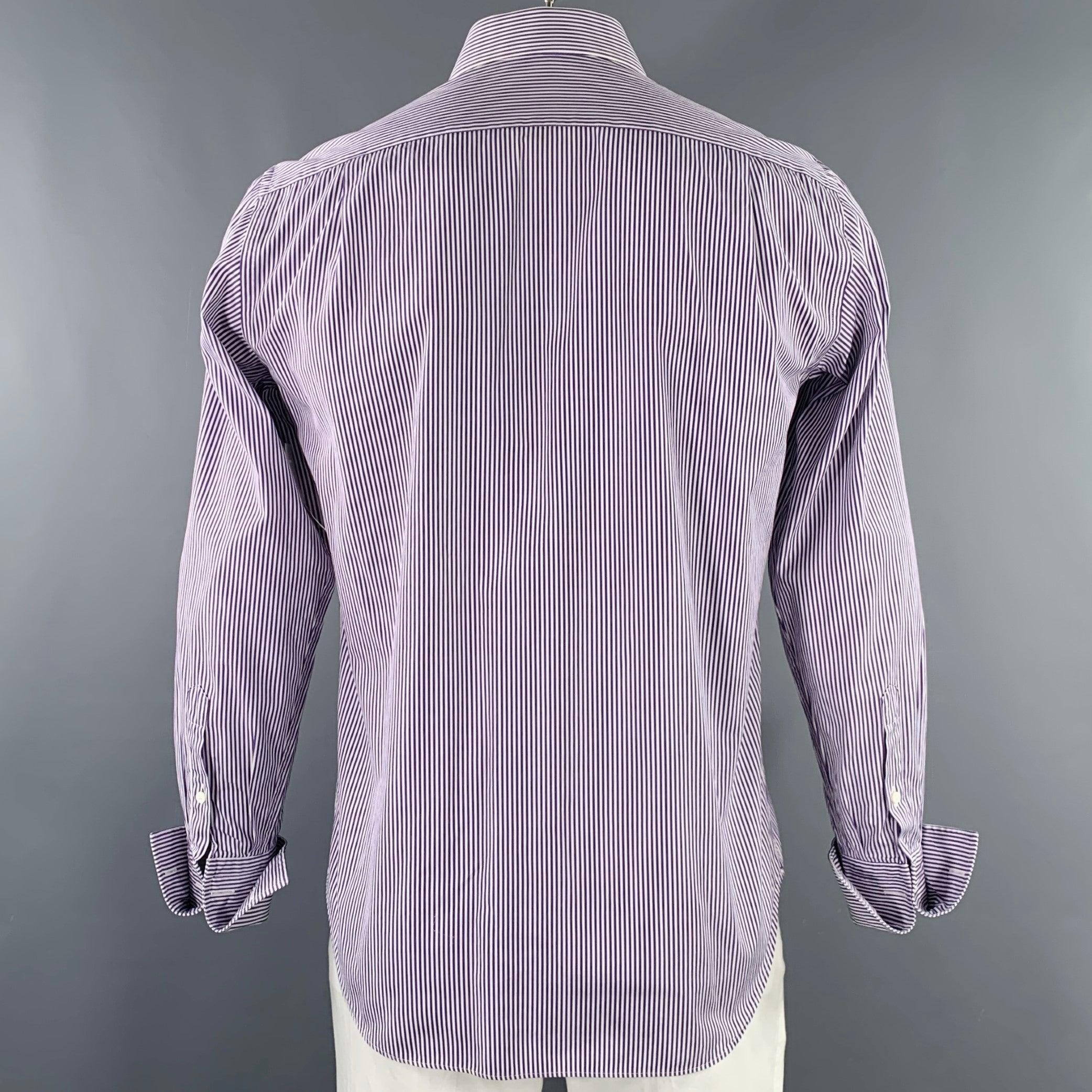 Men's CANALI Size L White Purple Stripe Cotton French Cuff Long Sleeve Shirt For Sale