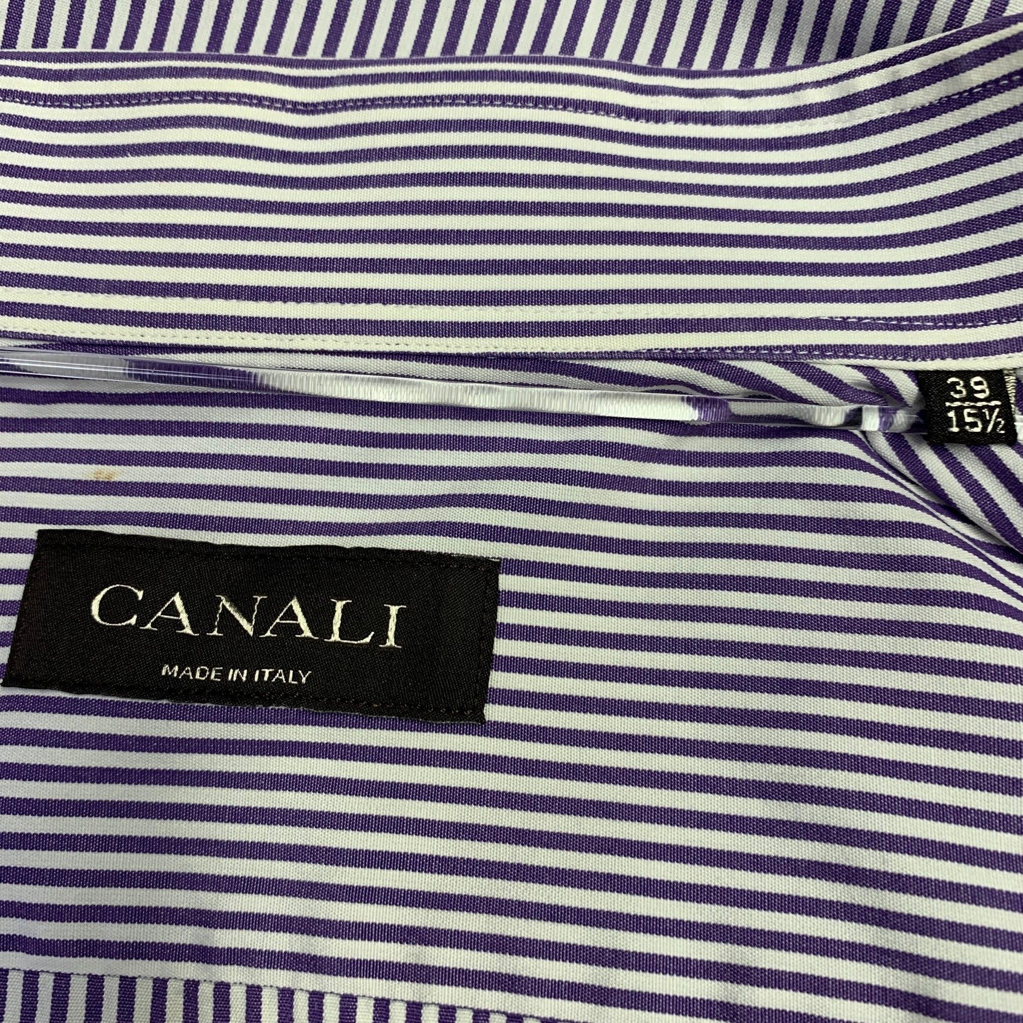 CANALI Size L White Purple Stripe Cotton French Cuff Long Sleeve Shirt For Sale 1